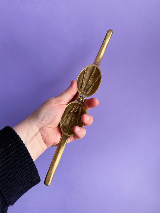 Vintage Old Handcrafted Brass Line Engraved Walnut Cracker Kitchen Tool