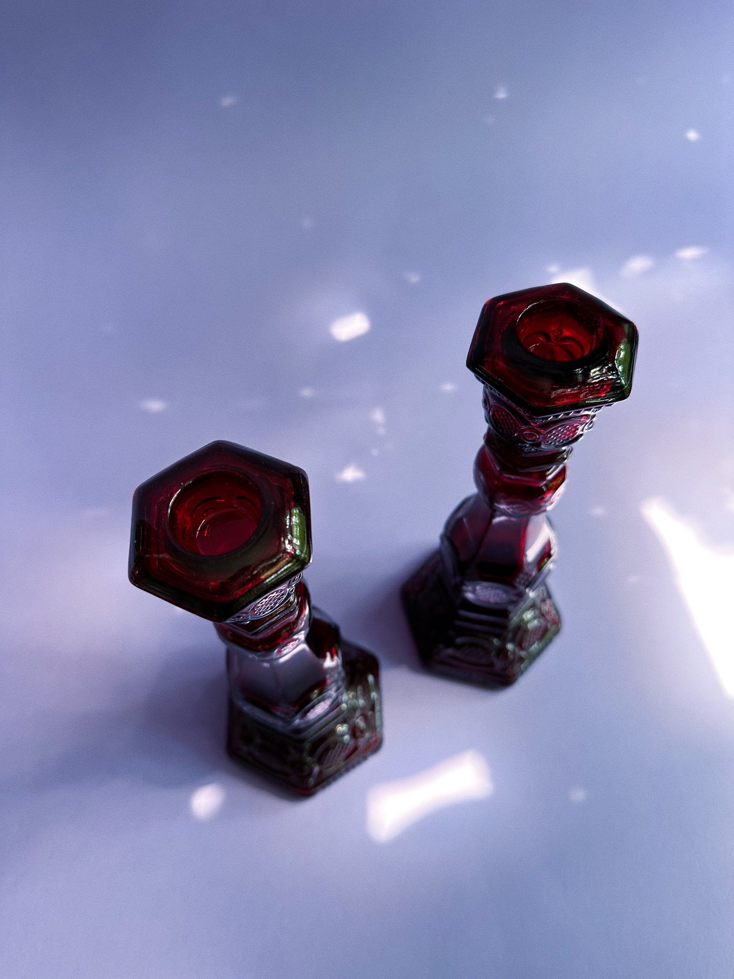 Pair of Vintage Avon 1876 Cape Cod Ruby Red Glass Cologne Bottle Candlesticks