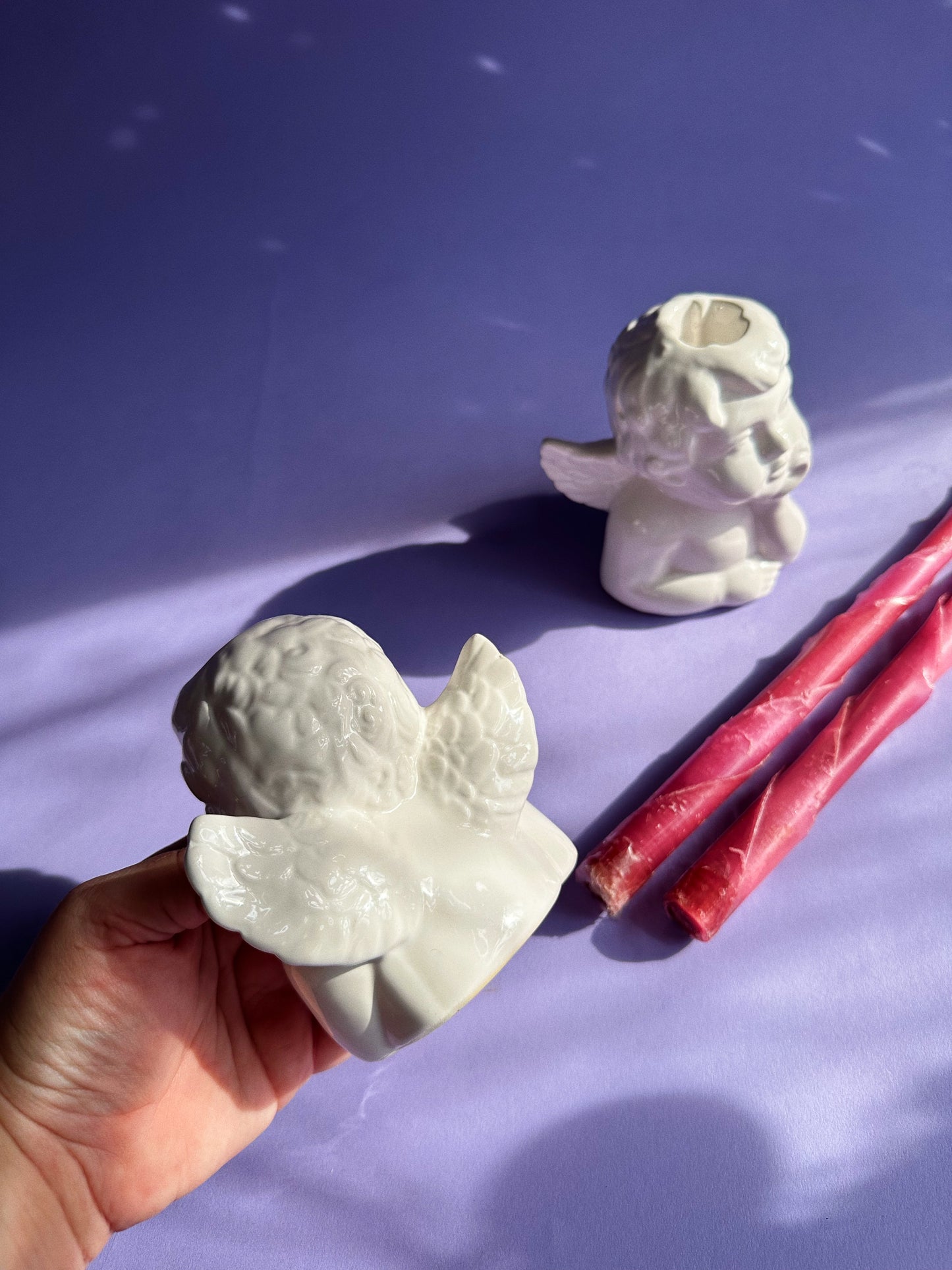 Vintage White Ceramic Cherub Candlesticks