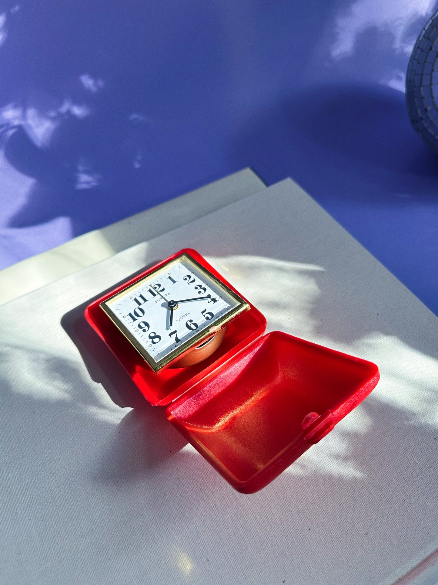 Vintage Travel Alarm Clock Europa, Germany, Brass & Faux Leather Cover