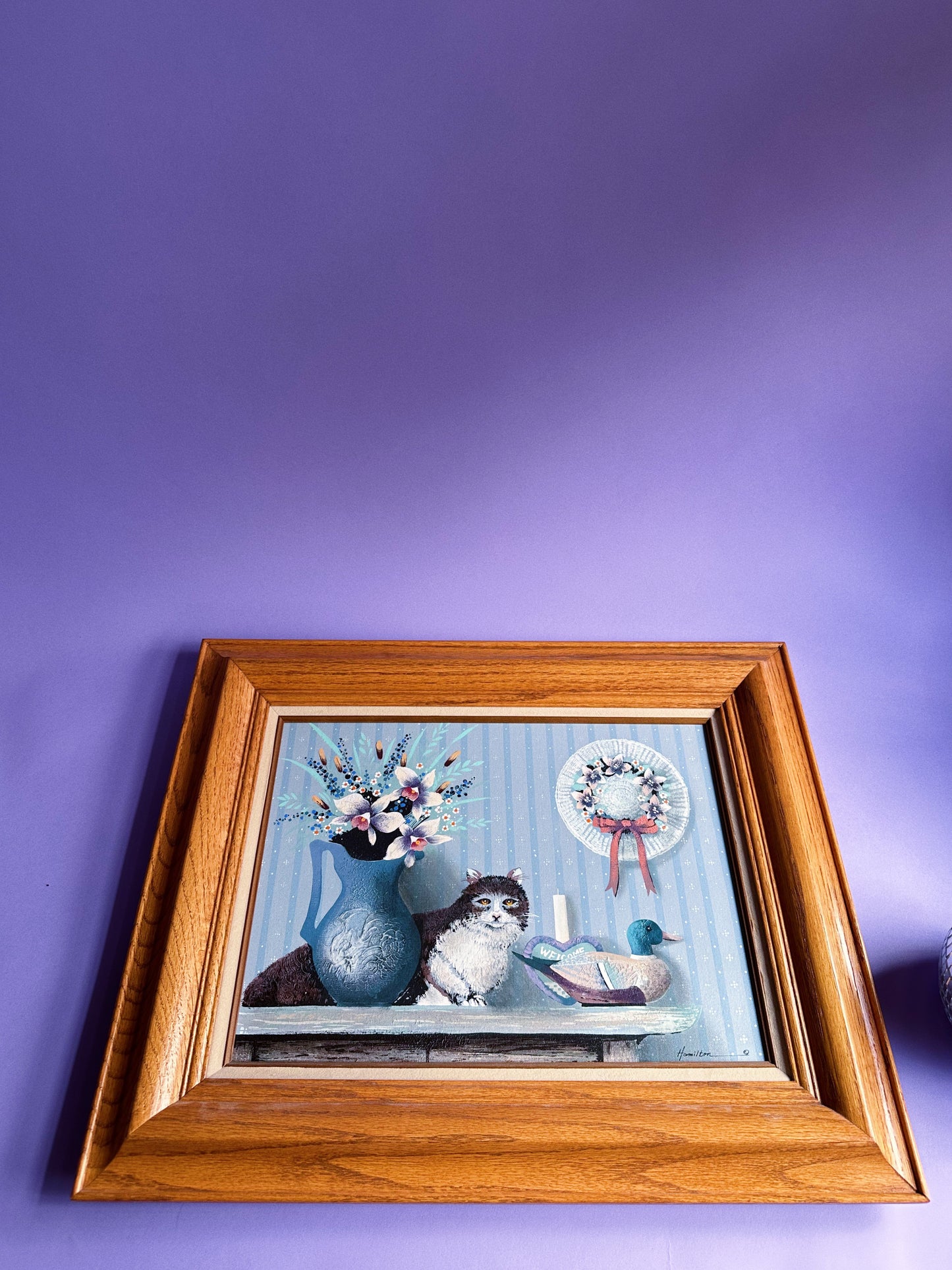 Framed Hamilton Cat & Duck Decoy Oil Painting Folk Country, Cabin Farm House