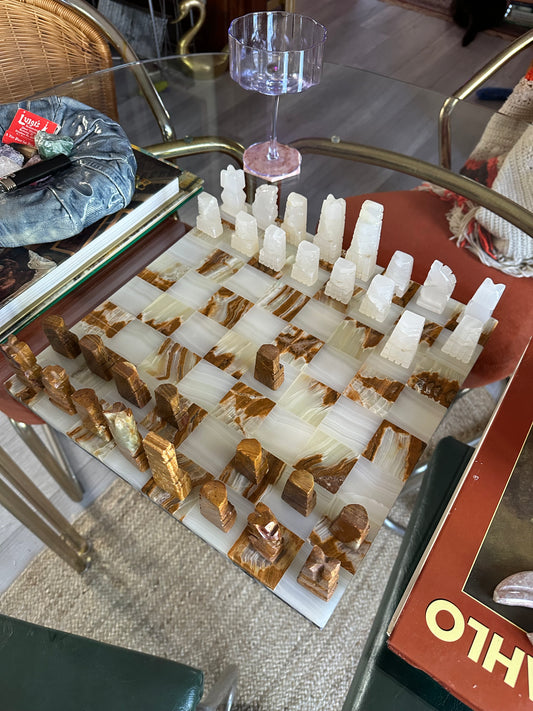 Vintage Complete Aztec Chess Set Marble Cut Stone Hand Carved Large Brown White