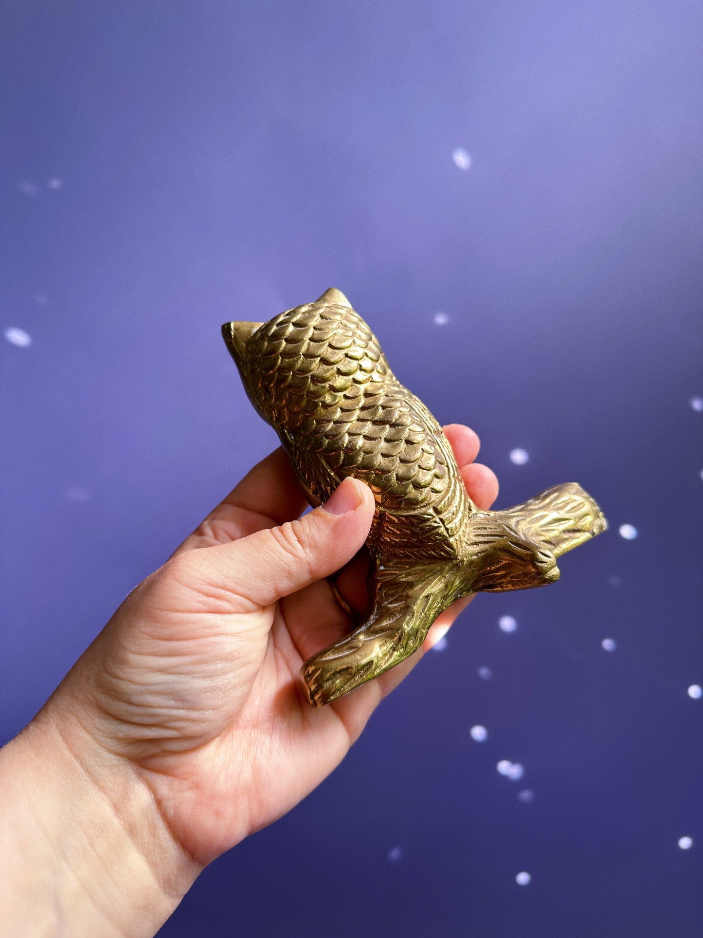 Vintage Solid Brass Hoot Owl on Tree Branch Paper Weight