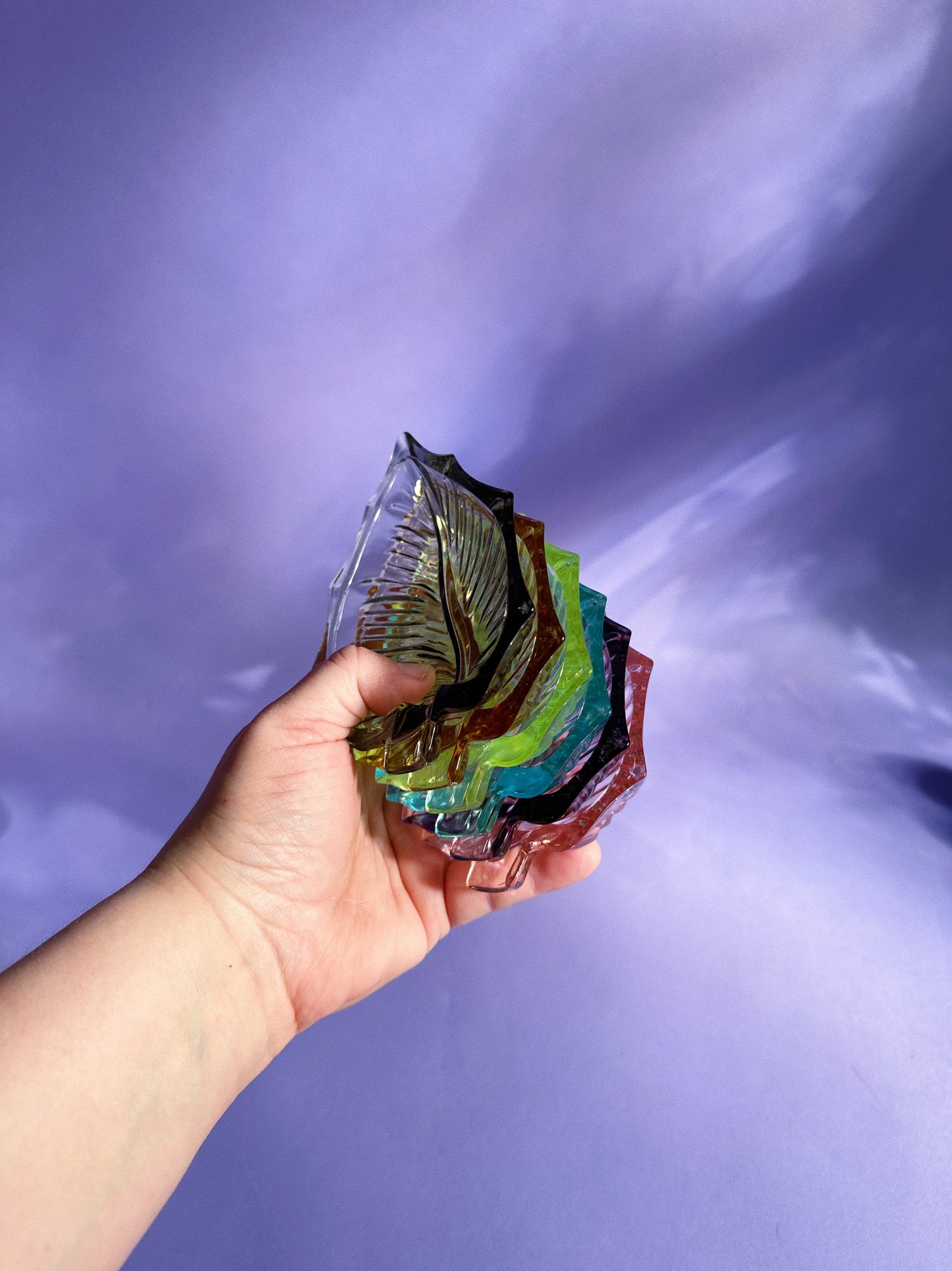 Vintage Japanese Leaf Shaped Harlequin Coloured Glass Ashtrays Set Of 6