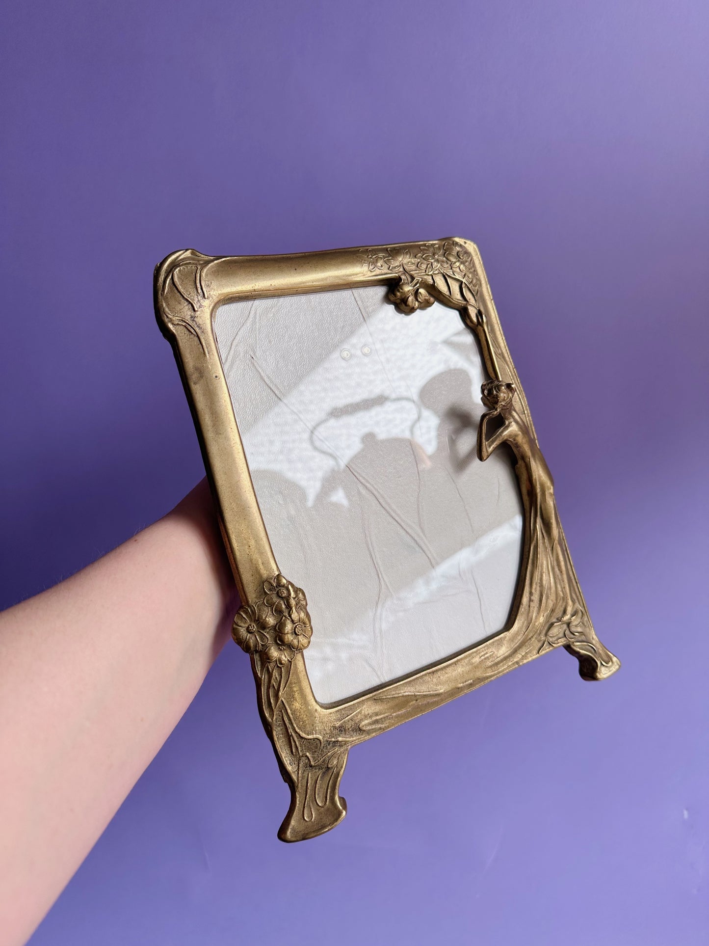 Vintage Art Nouveau Revival Frame Lady by the Lake Brass Solid Heavy