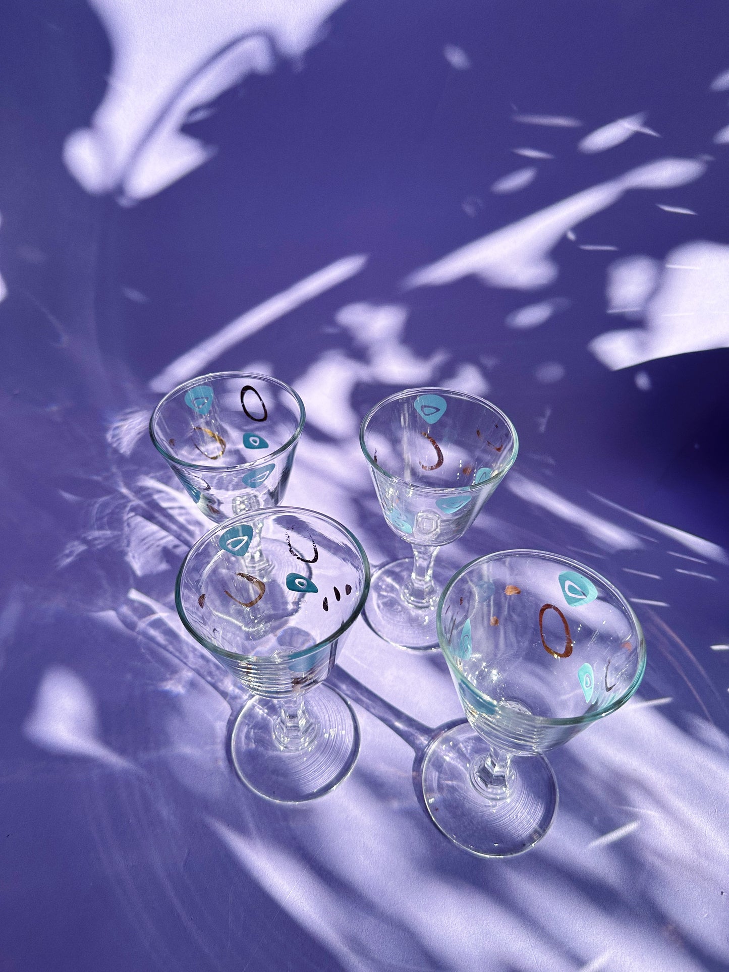 Set of 4 Federal Atomic-Amoeba Cocktail Glasses Wine Cordial MCM Gold Blue