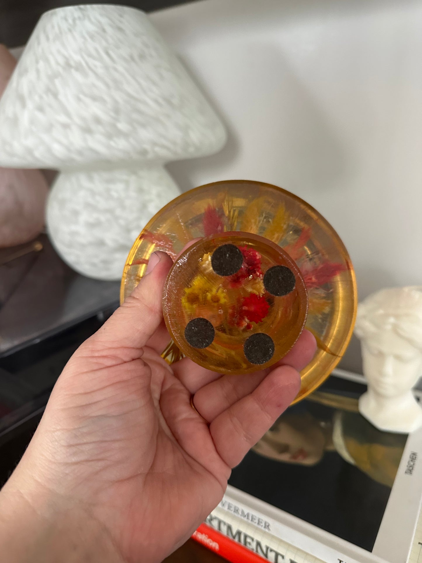 Vintage 70s Lucite Resin Mushroom w Preserved Dried Red Yellow Flowers