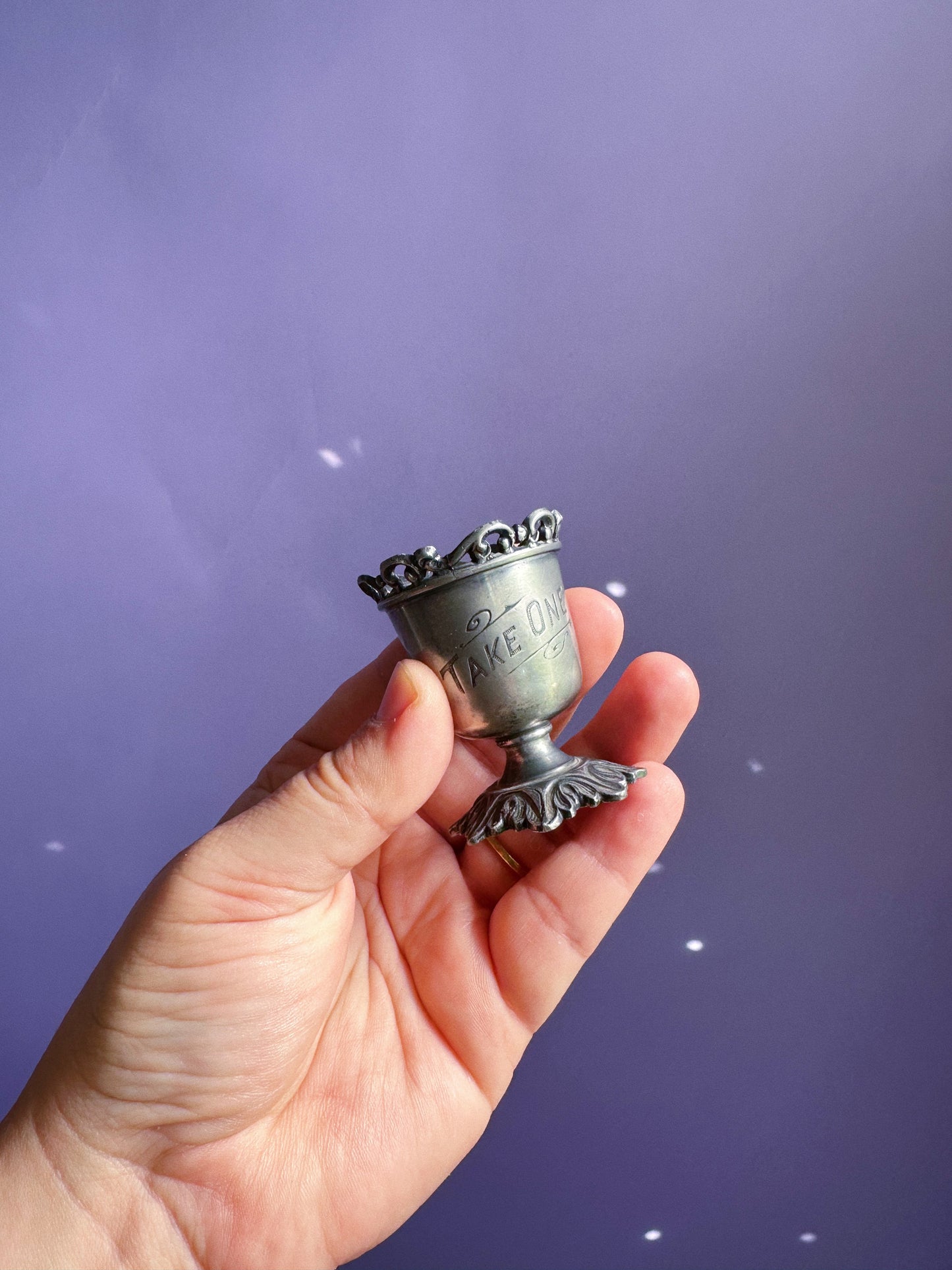 Antique Pair Of Pewter Toothpick / Match Holders Lacy Top Ornate "TAKE ONE"