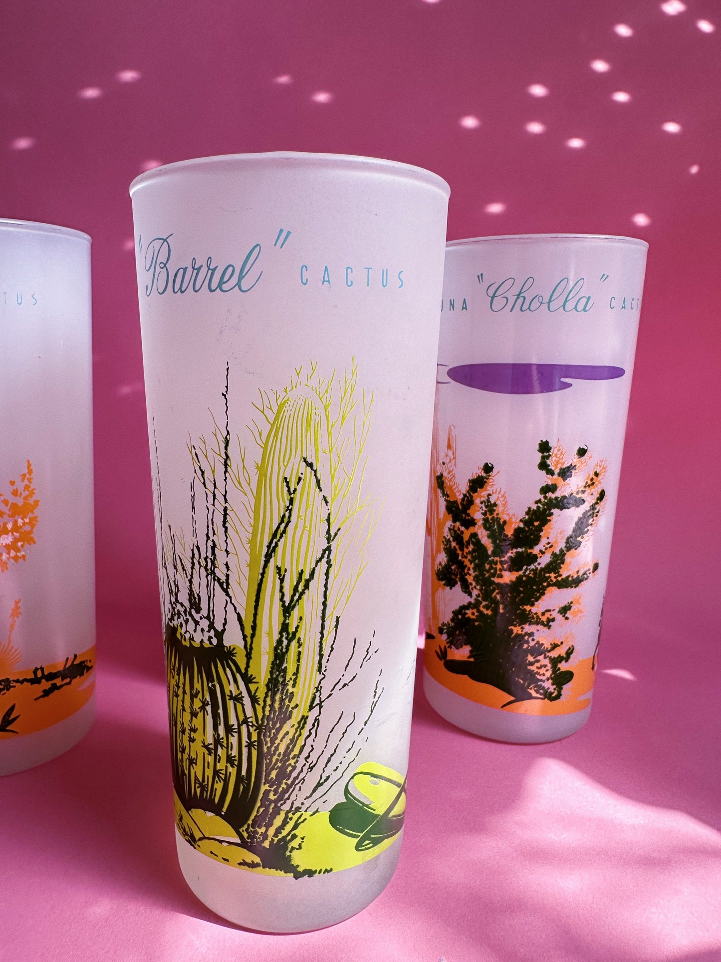 Vintage MCM Blakely Oil & Gas Arizona Frosted 5 Tumbler Glasses & Pitcher Cacti