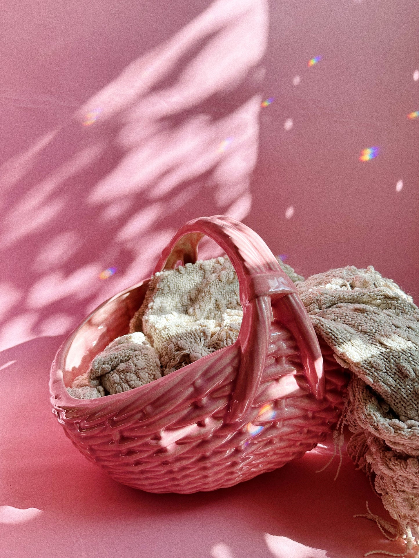 Large Vintage Ceramic Weaved Pink Basket