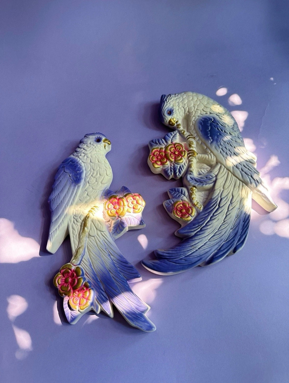 Vintage Mid Century Favor Ware Chalkware Parrots, Purple Pink