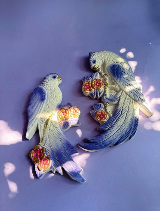 Vintage Mid Century Favor Ware Chalkware Parrots, Purple Pink