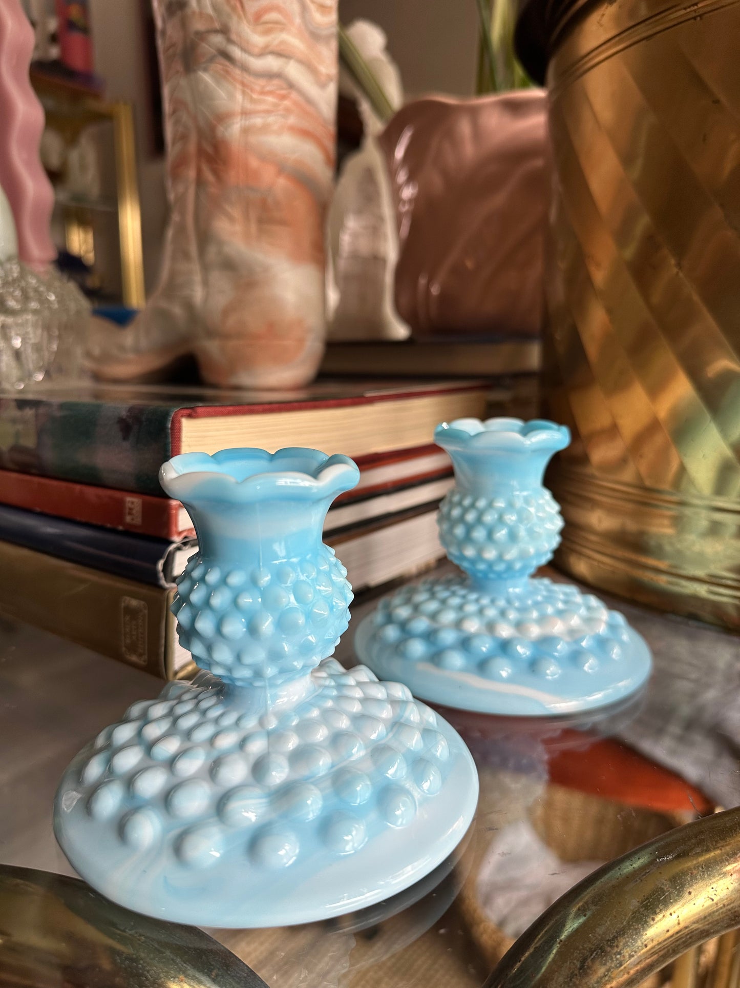 Vintage Fenton Blue Hobnail Glass Candlestick Pair Slag Glass