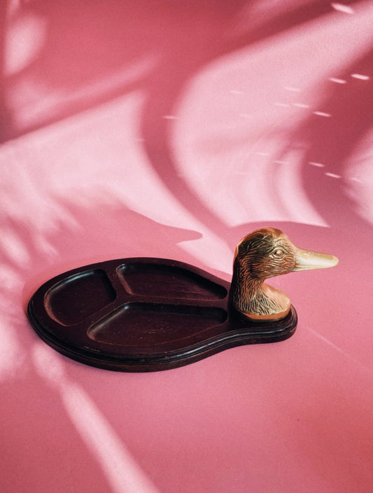 Vintage MCM Brass Duck & Wood Valet / Throw Tray