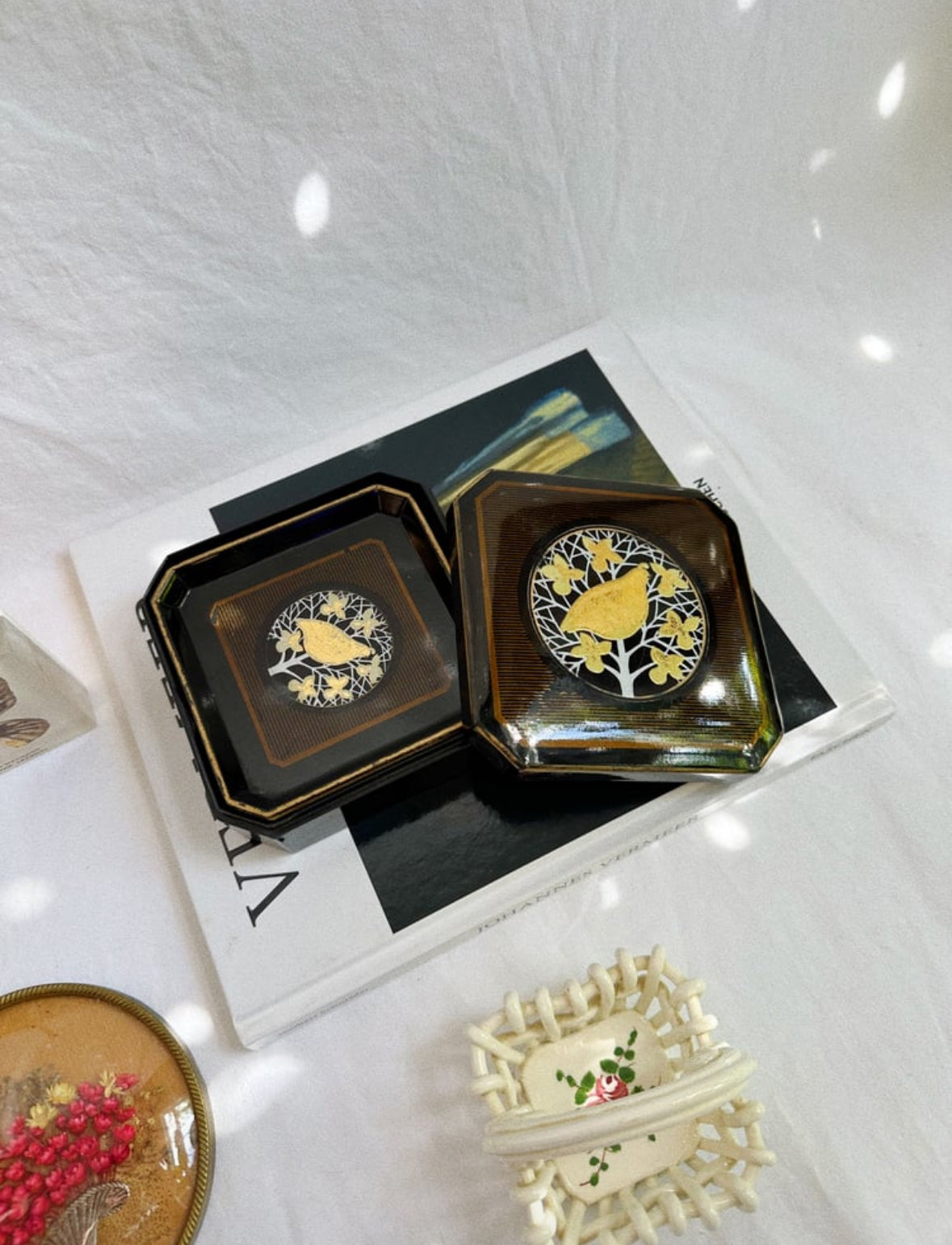 Vintage Otagiri Japan Black and Gold Lacquered Golden Pheasant Coasters in Box