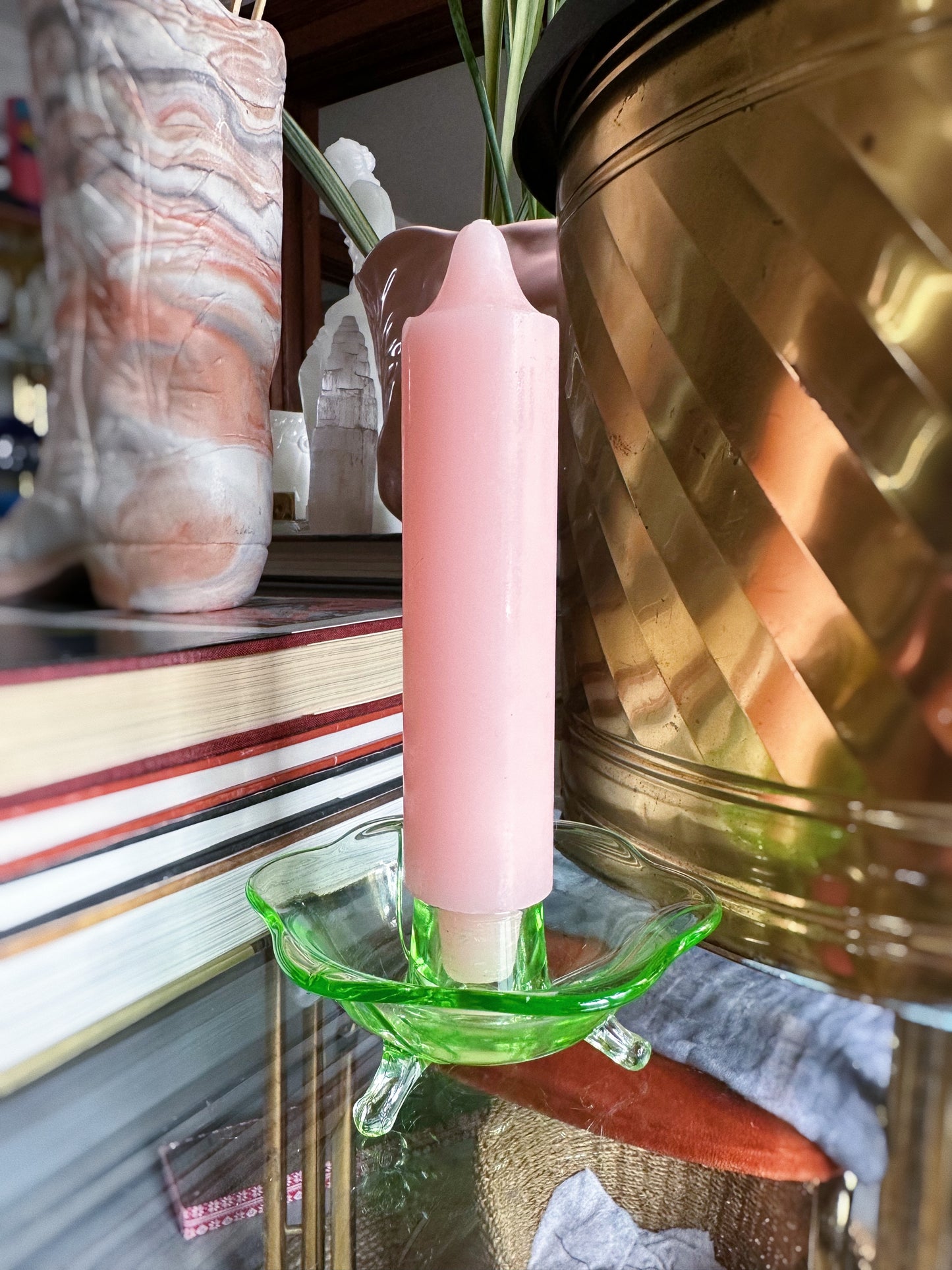 Vintage 1930s Uranium Glass Fostoria Footed Candleholders - Fairfax Pattern