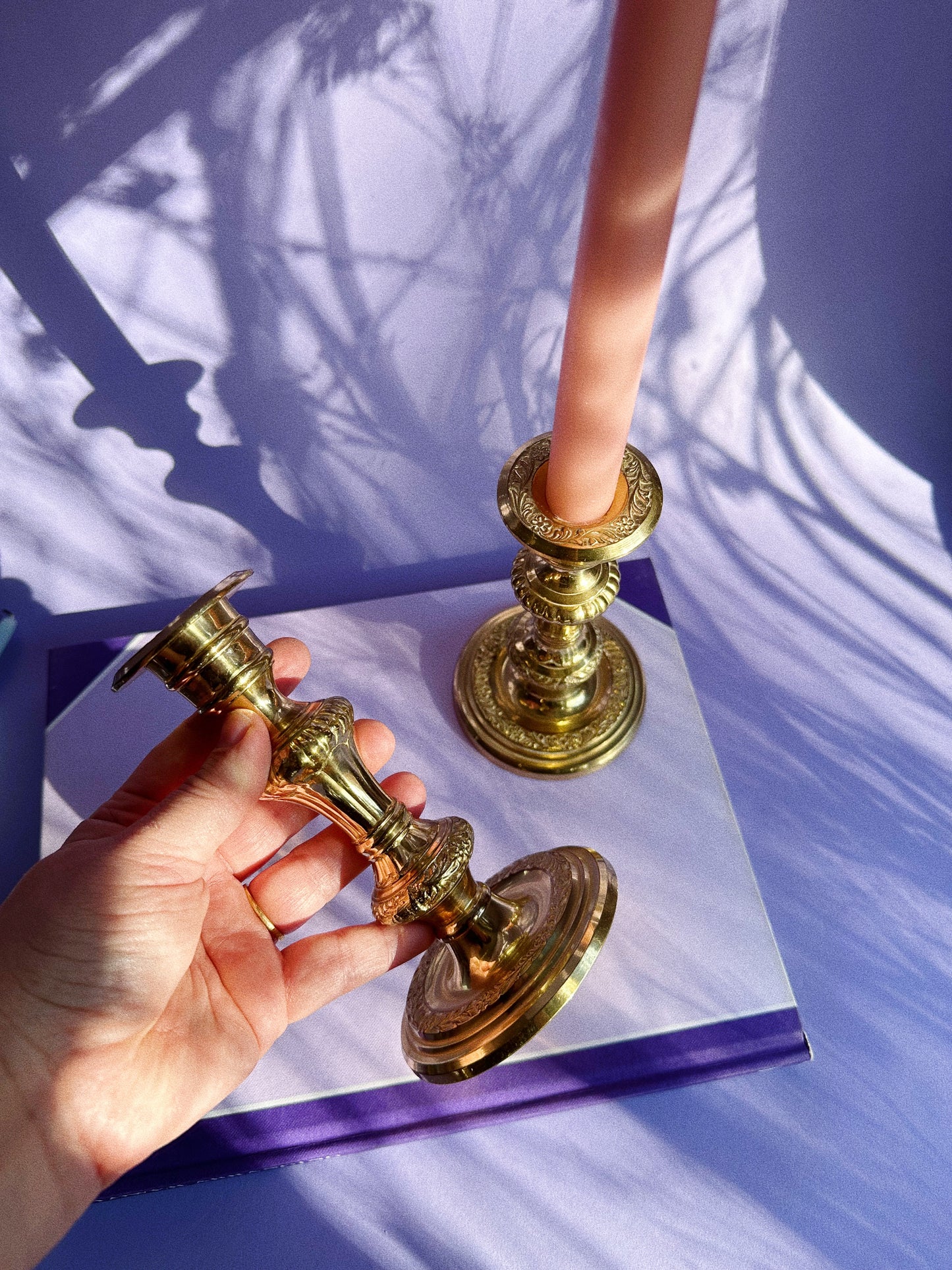 Vintage Shiny Brass Floral Etched Candlesticks