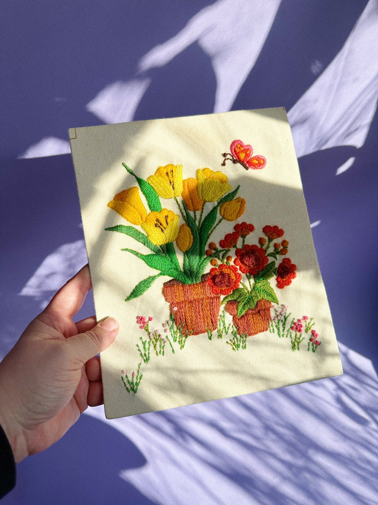 Vintage Unframed Tulips & Flowers Embroidered Crewel