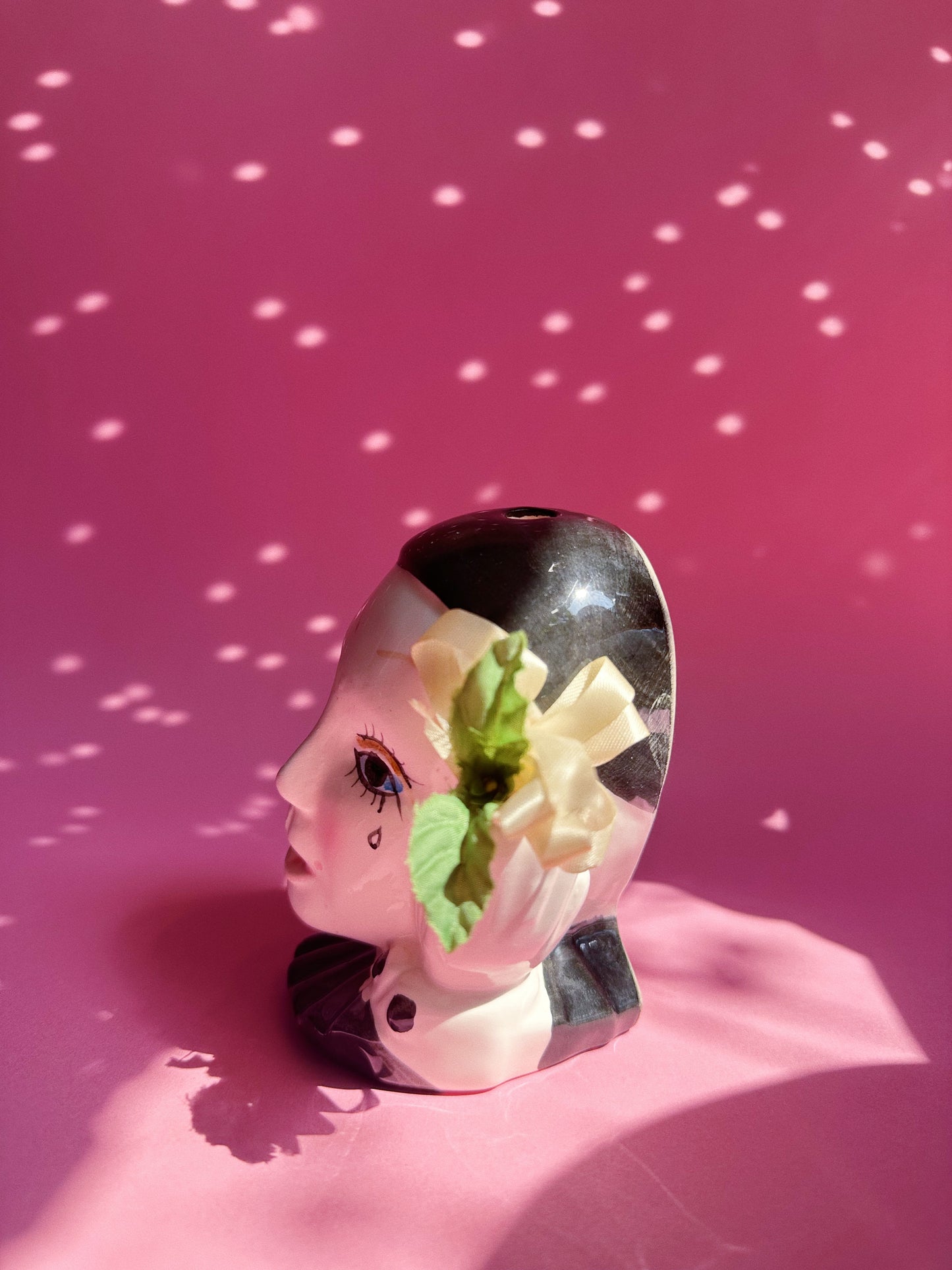 Vintage Ceramic Pierrot Clown Head Twine Dispenser with Pink Flower Accent