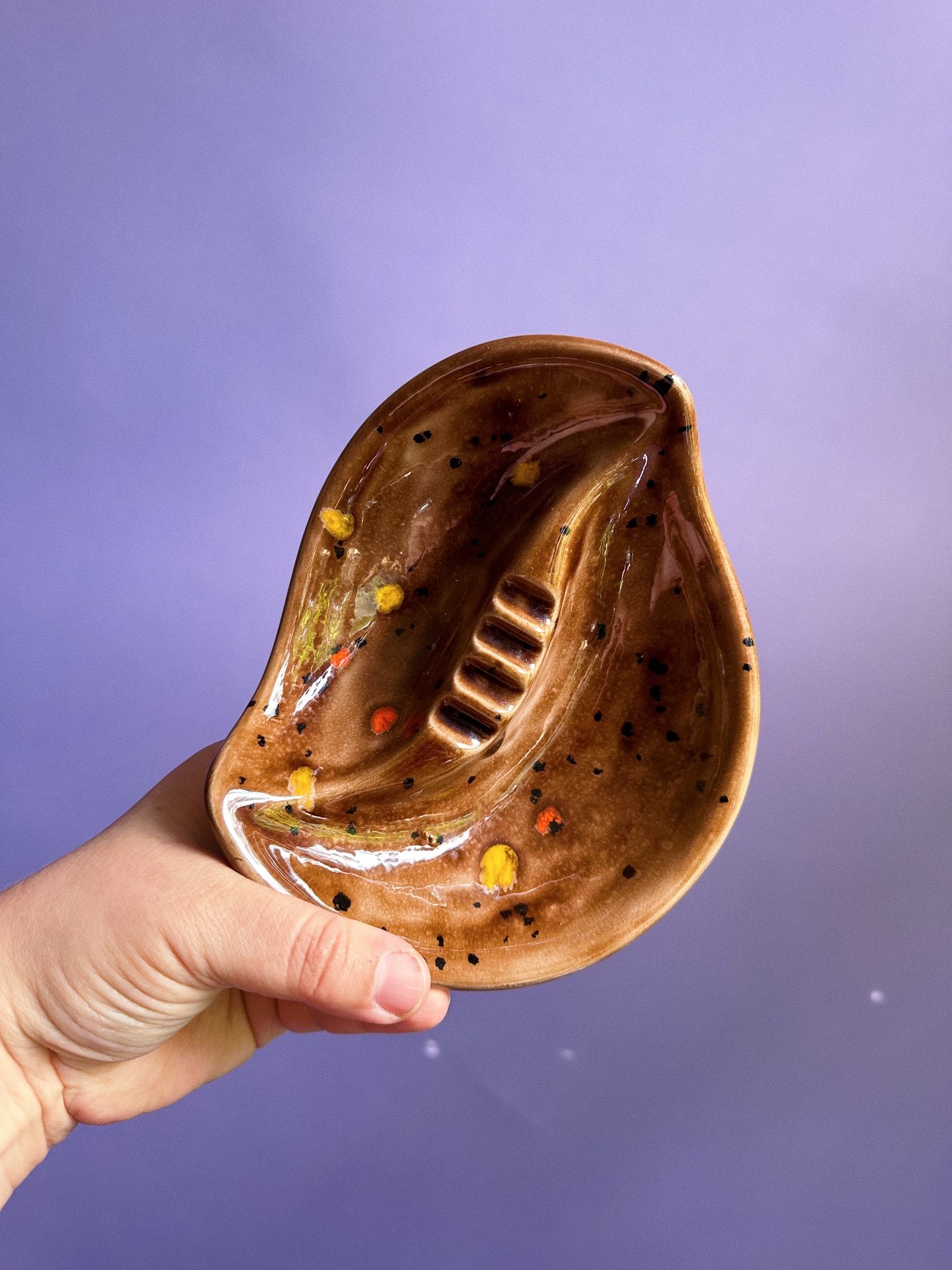 Vintage Glazed Brown Speckled Ceramic Ashtray / Throw Dish