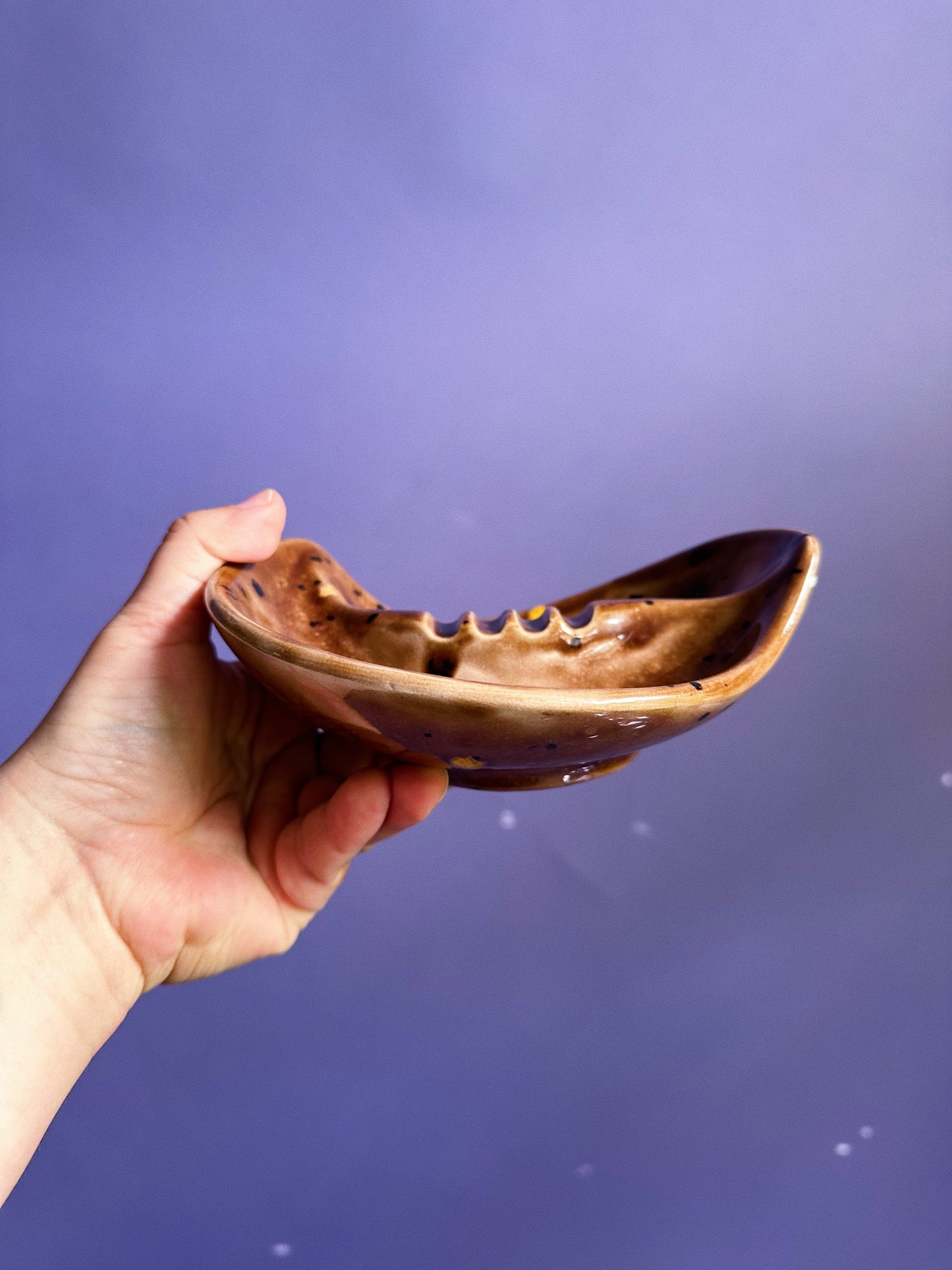 Vintage Glazed Brown Speckled Ceramic Ashtray / Throw Dish