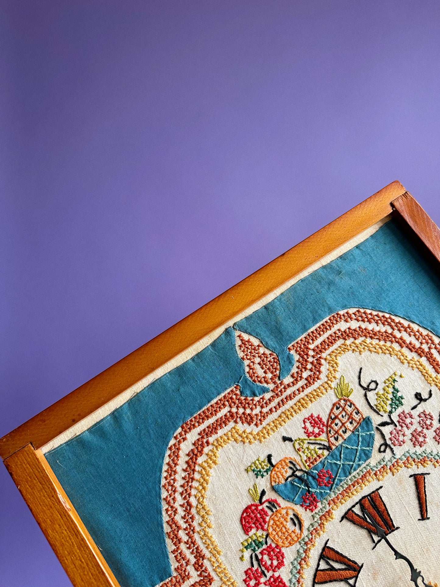 Americana Hand Embroidered Needlepoint Wall Clock, Vintage Handmade