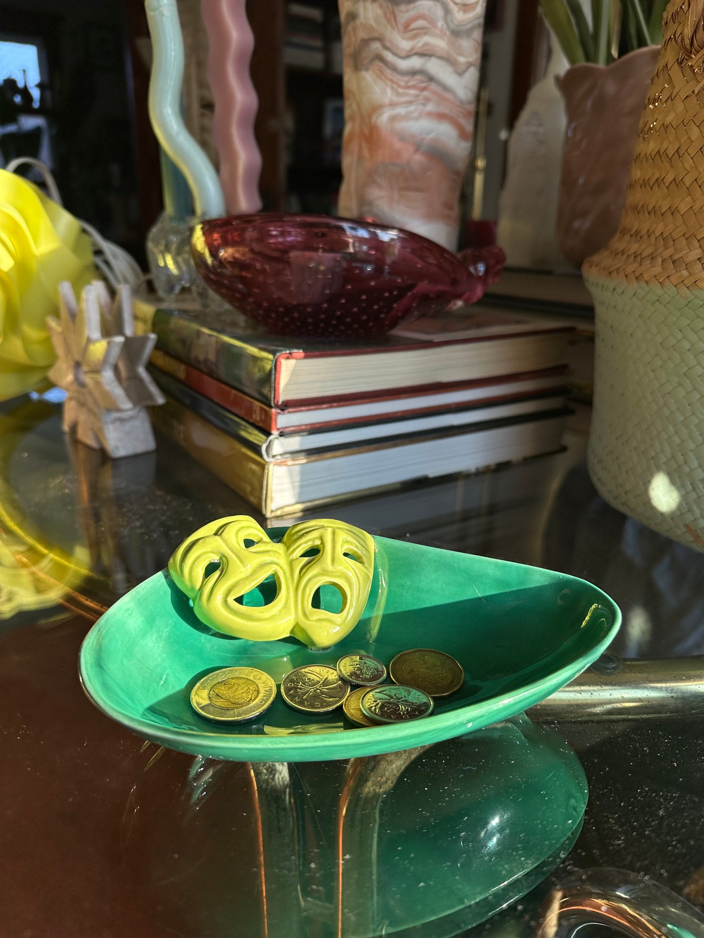 Vintage Mid Century Modern Green / Lime Dish W/ Comedy Tragedy Masks