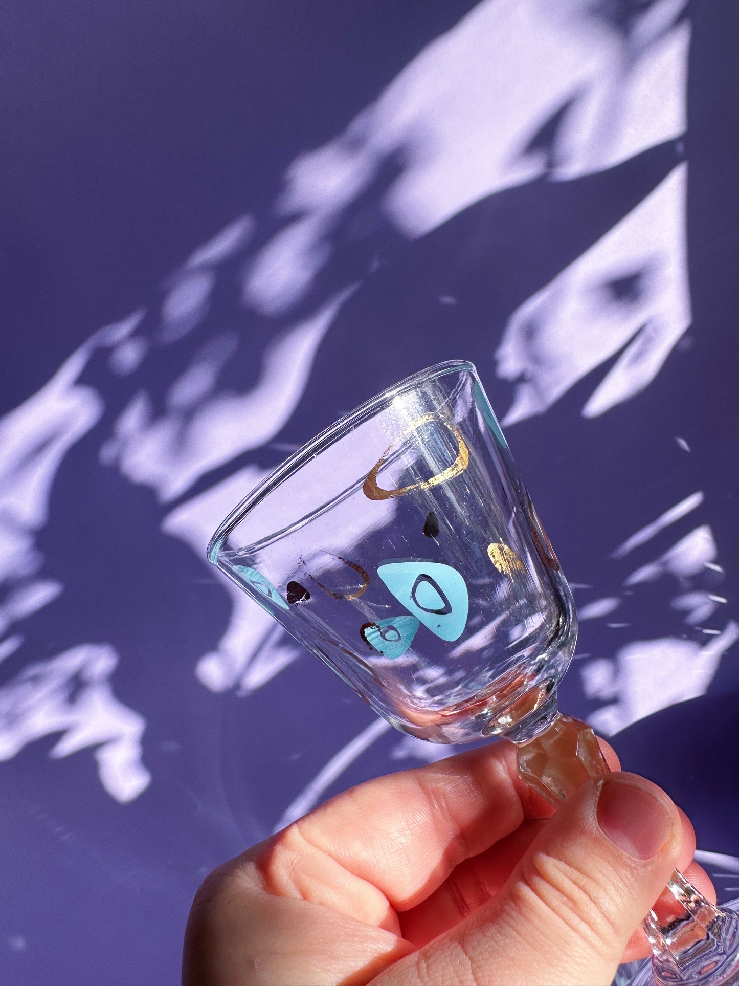 Set of 4 Federal Atomic-Amoeba Cocktail Glasses Wine Cordial MCM Gold Blue