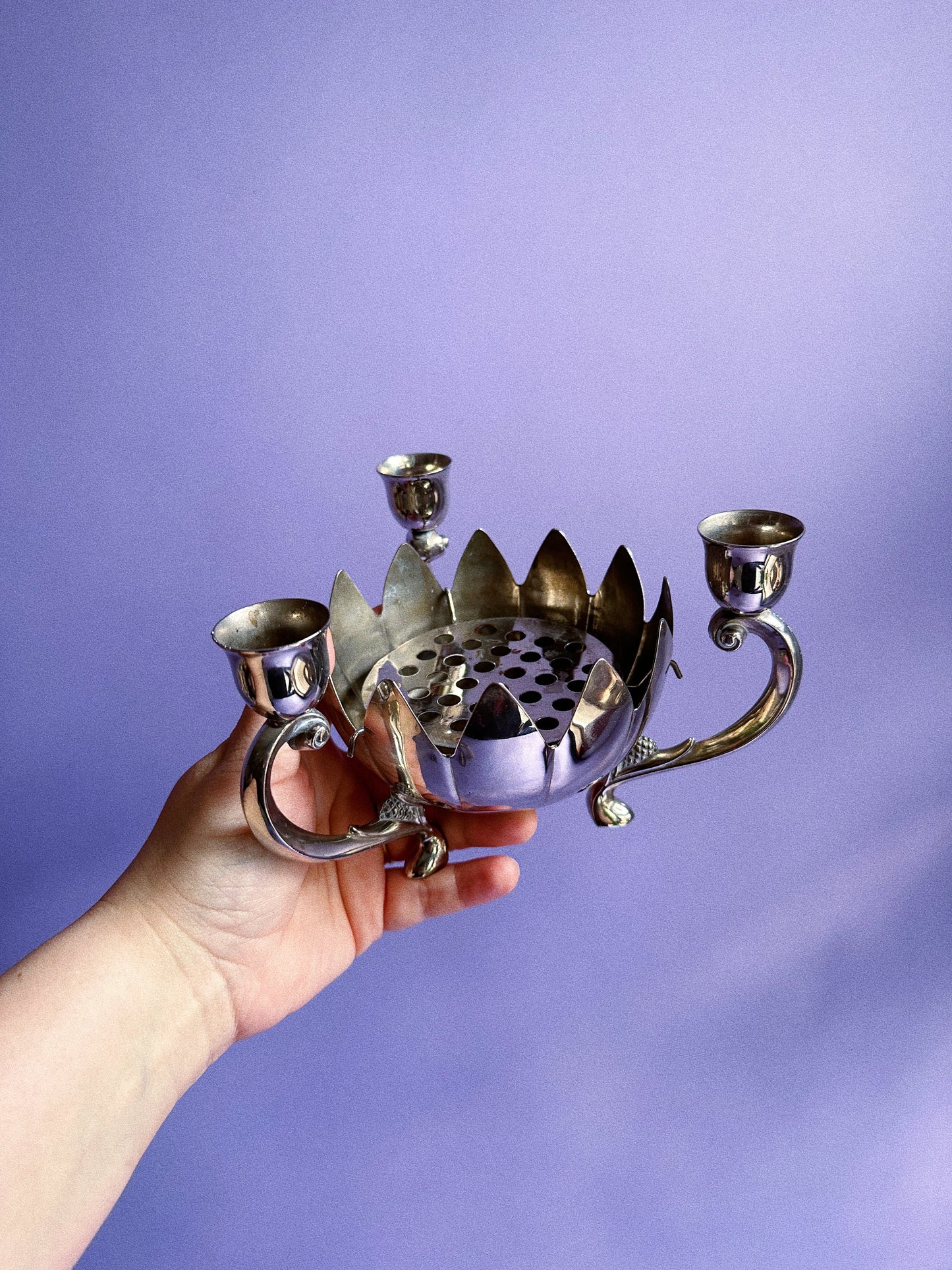 Vintage Silver Plated Candle Holder Water Lily Lotus Flower Frog