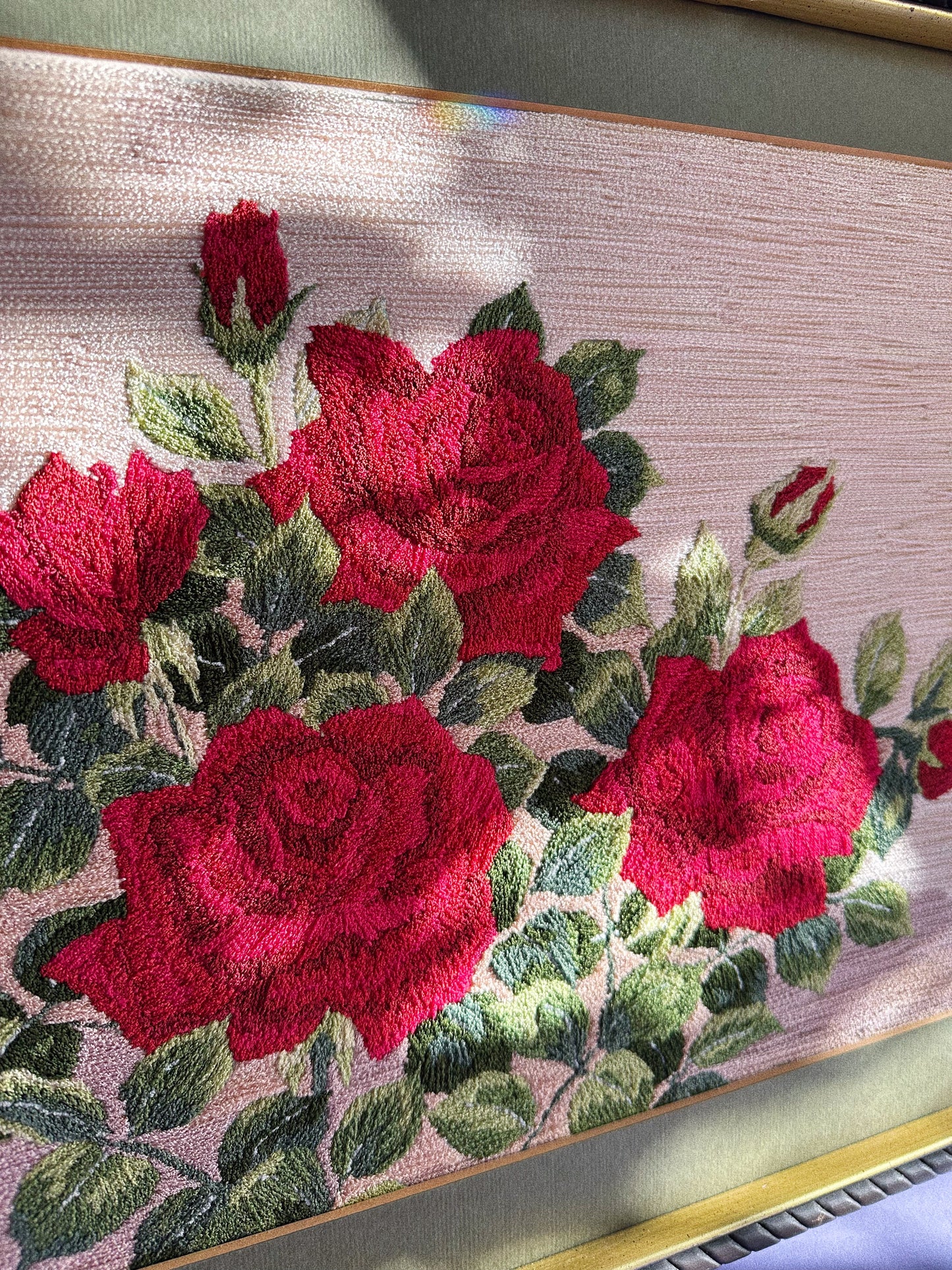 Vintage Framed Red Rose Crewel