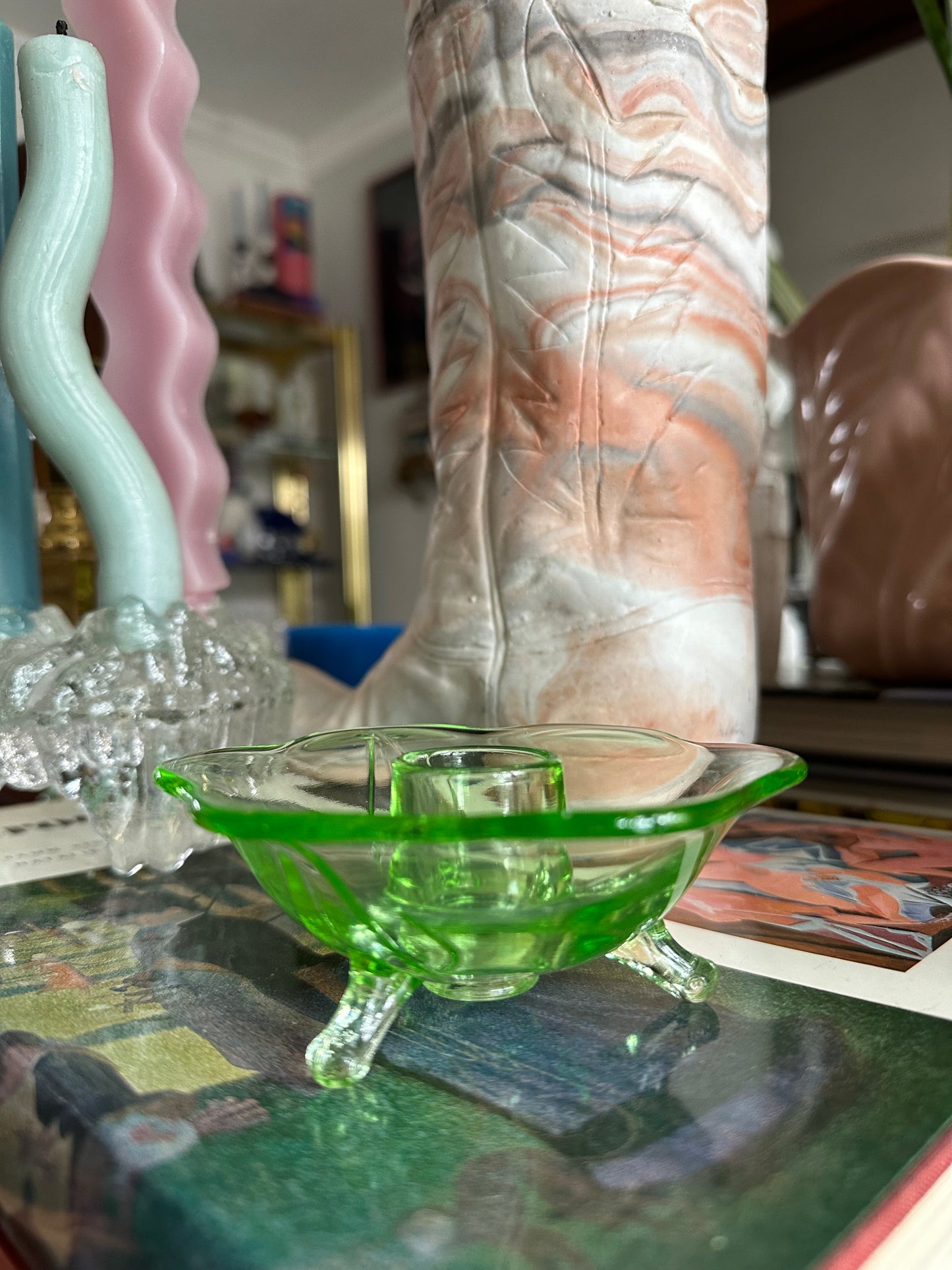 Vintage 1930s Uranium Glass Fostoria Footed Candleholders - Fairfax Pattern