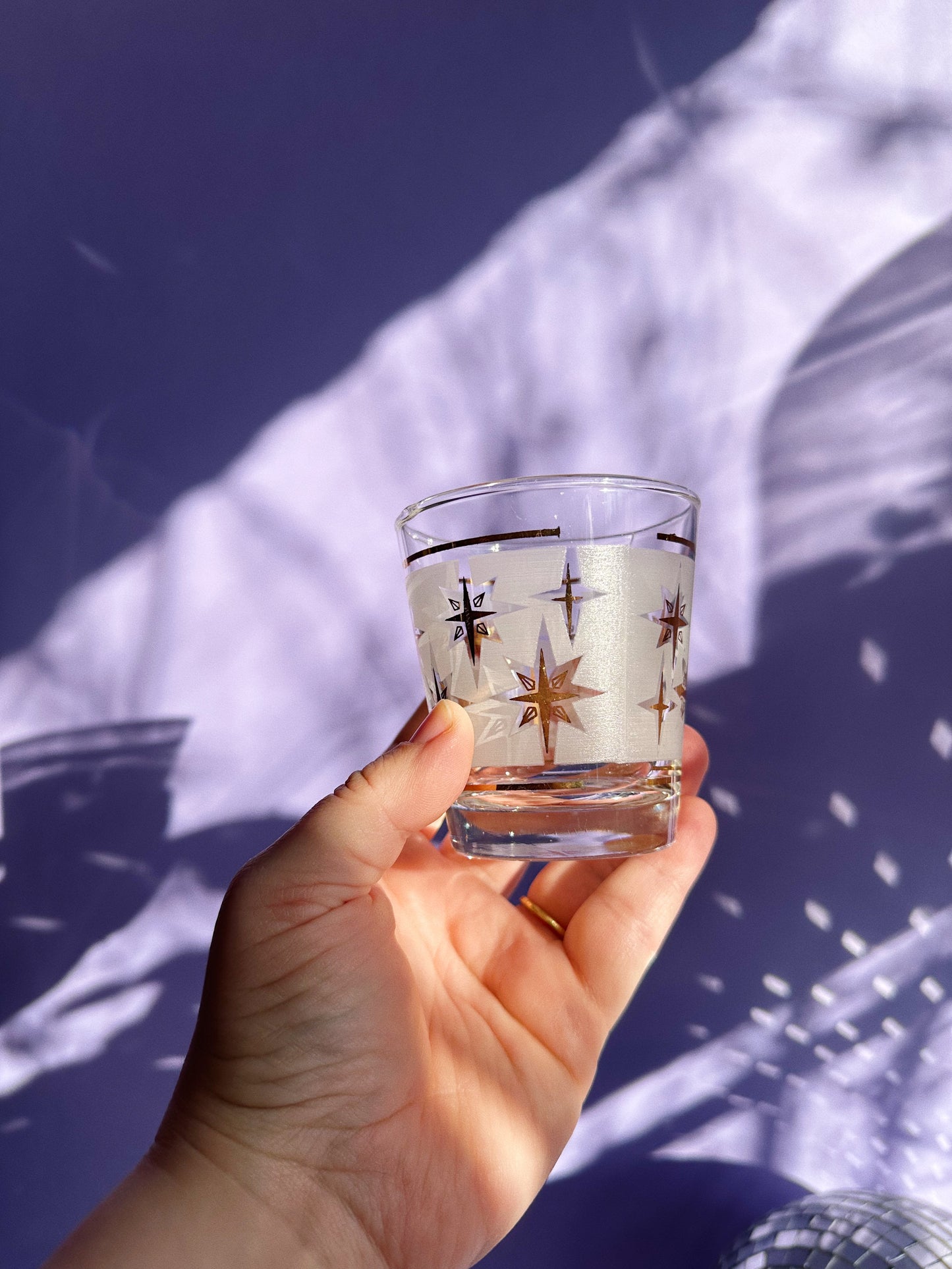 Vintage MCM Dominion Atomic Starburst Short Tumblers Glasses Frosted Gold