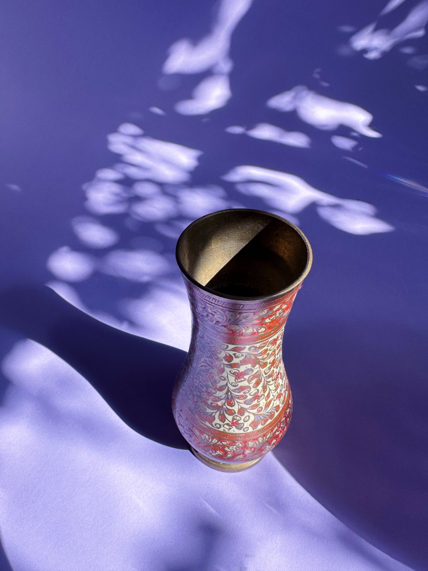 Vintage Orange Glowing Brass Vase W Enamel Detail