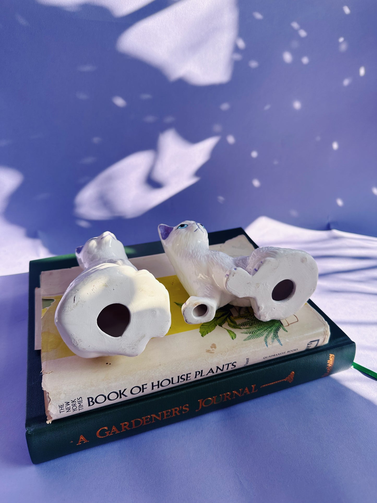 Vintage Pair of Ceramic White Cat Sculptures w Purple Details