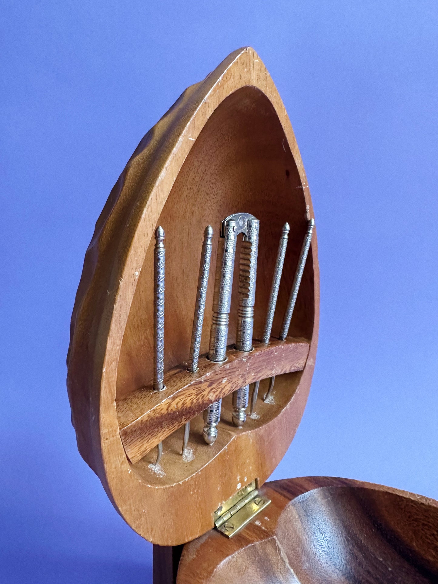 Vintage Carved Walnut Nut Cracker Bowl Set With Tools Mid Century 9½" X 6"