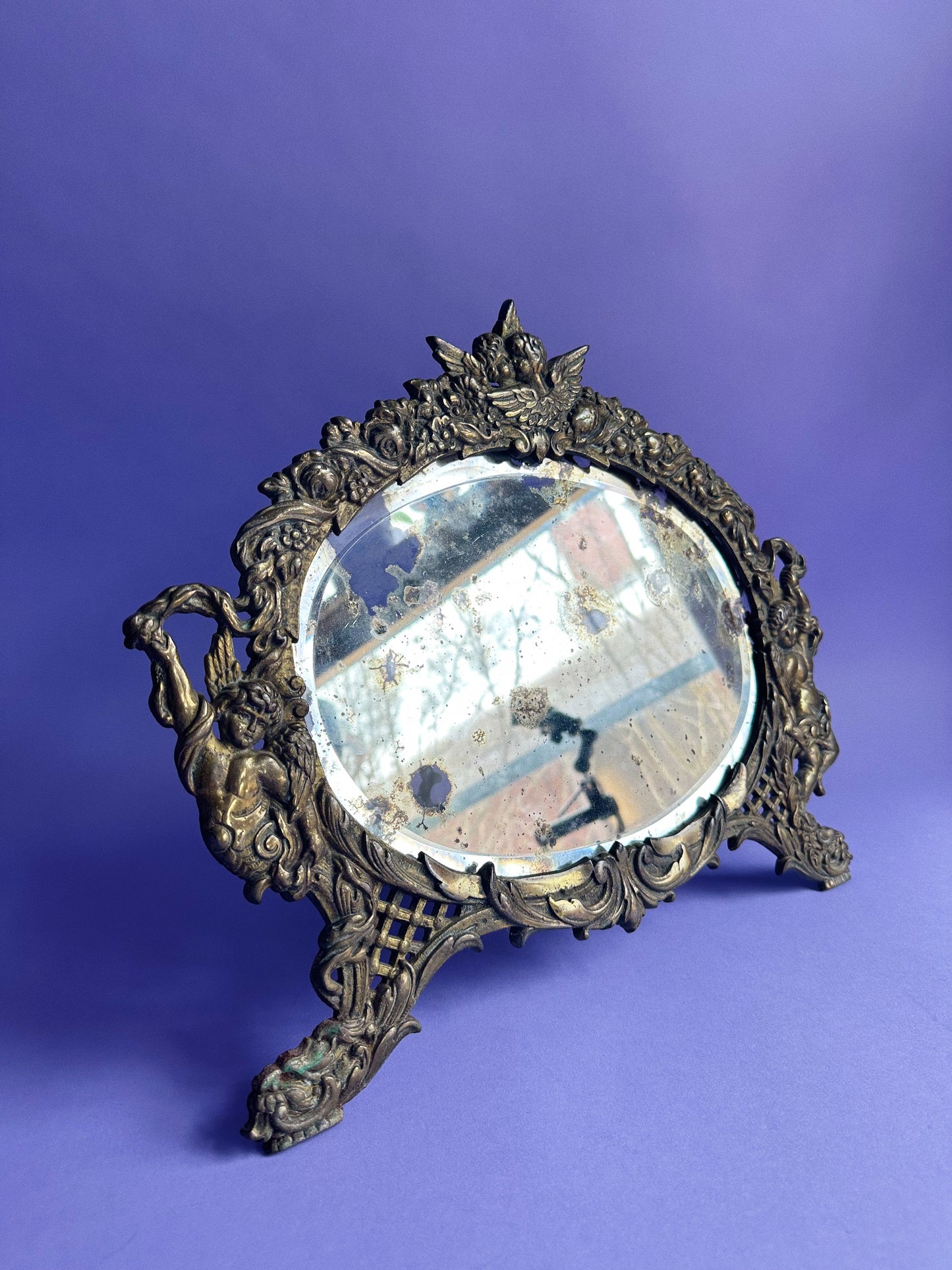 Antique Brass Victorian Ornate Cherubs & Beveled Edge Mirror