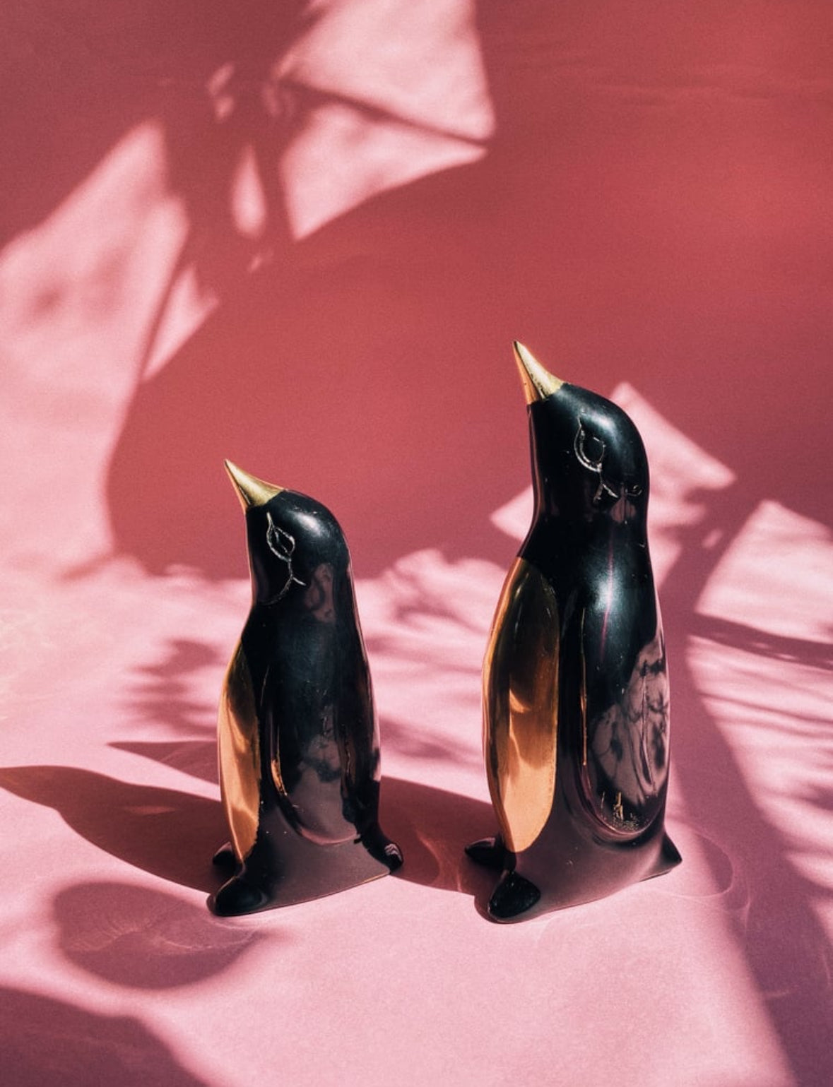 Vintage MCM Solid Brass & Enamel Penguin Figurines