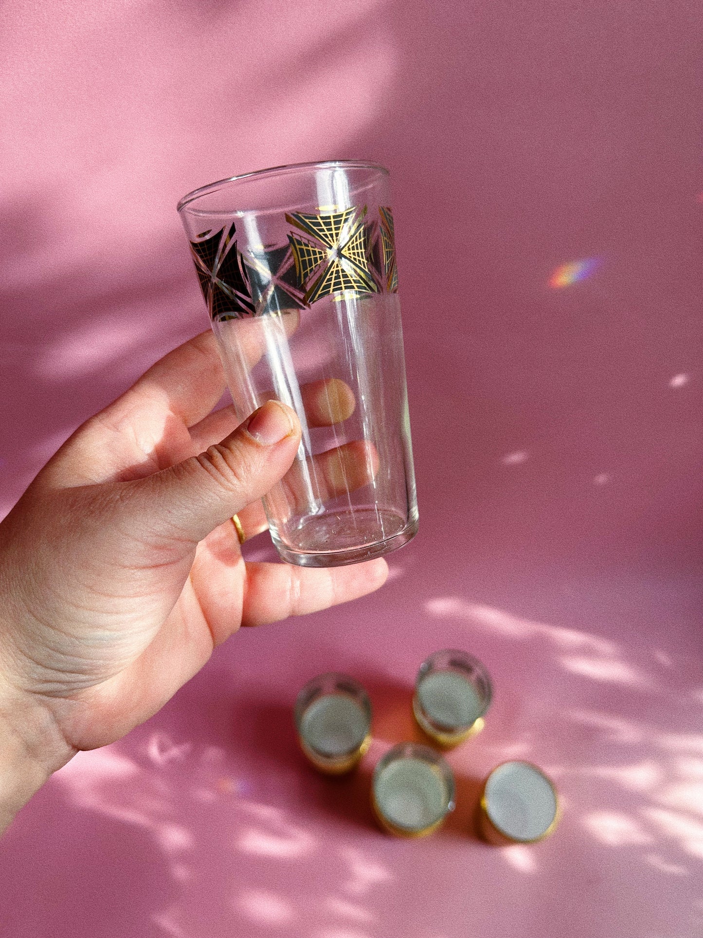 MCM Set of 4 Gold Detailed Dominion Glassware, Drinking Glasses w/ Insulators