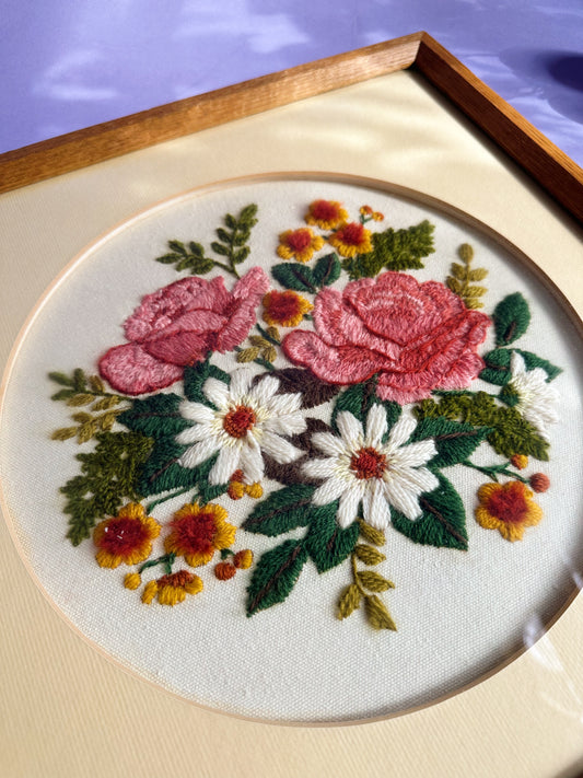 Gorgeous Vintage Wood Framed Pink Floral Embroidered Crewel