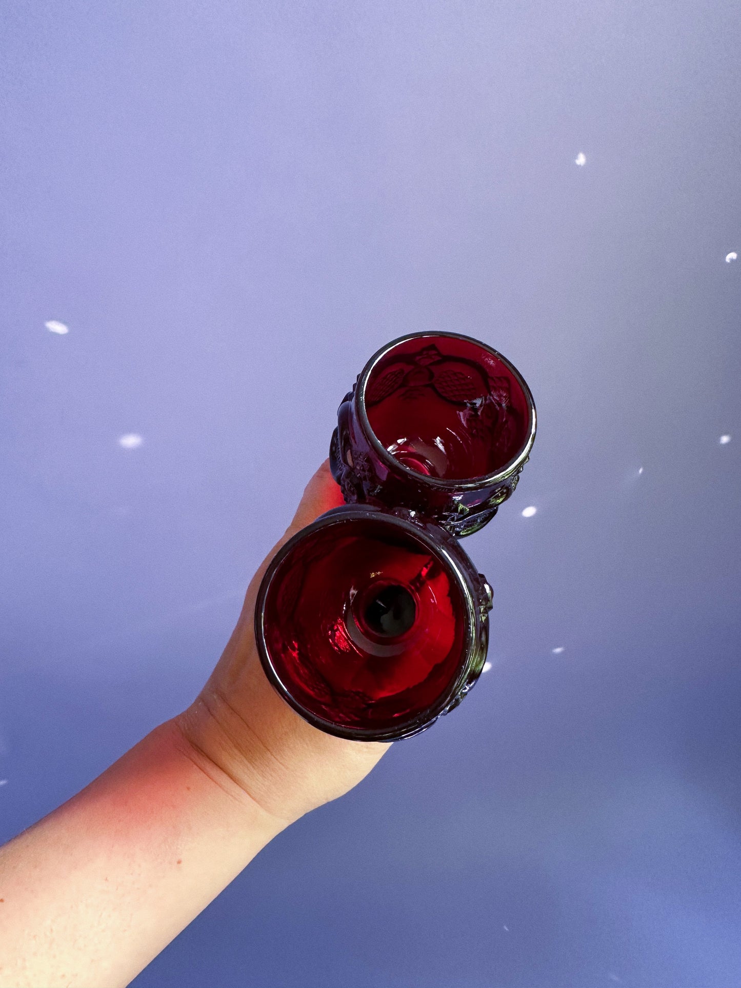 Pair Of Vintage Avon Cape Cod Ruby Red 1876 Wine Goblets Hexagonal Bottom Foot