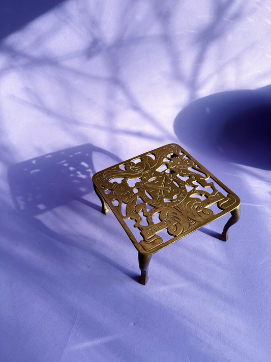 Antique Brass Tea Pot Stand, Royal Coat of Arms Design Vintage Solid