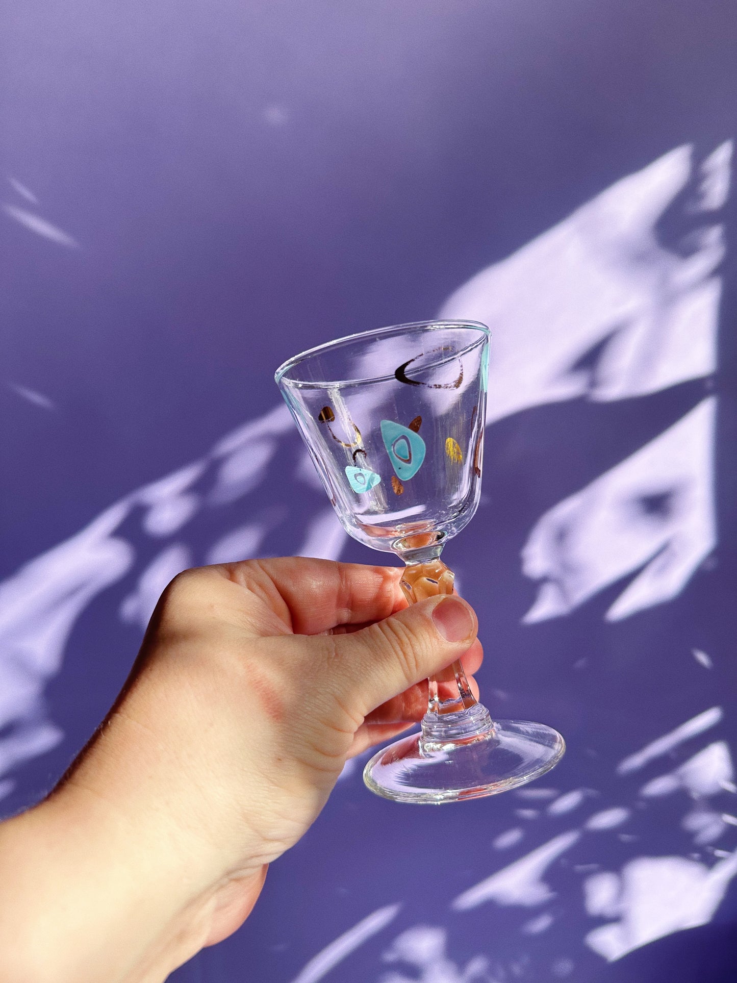 Set of 4 Federal Atomic-Amoeba Cocktail Glasses Wine Cordial MCM Gold Blue