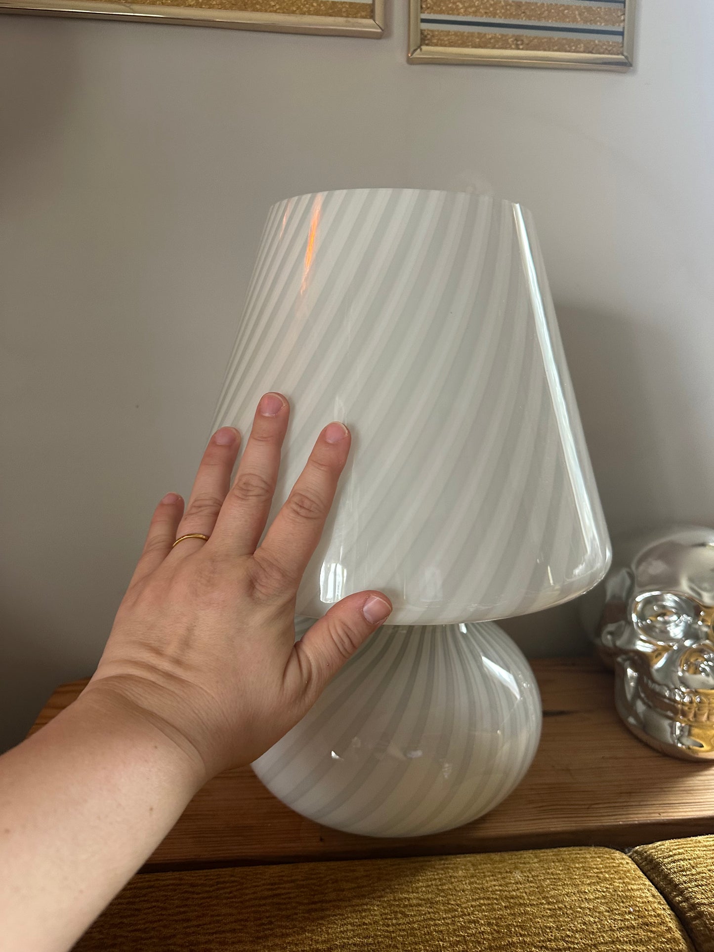 Vintage Vetri Murano White Swirl Glass Mushroom Table Lamp