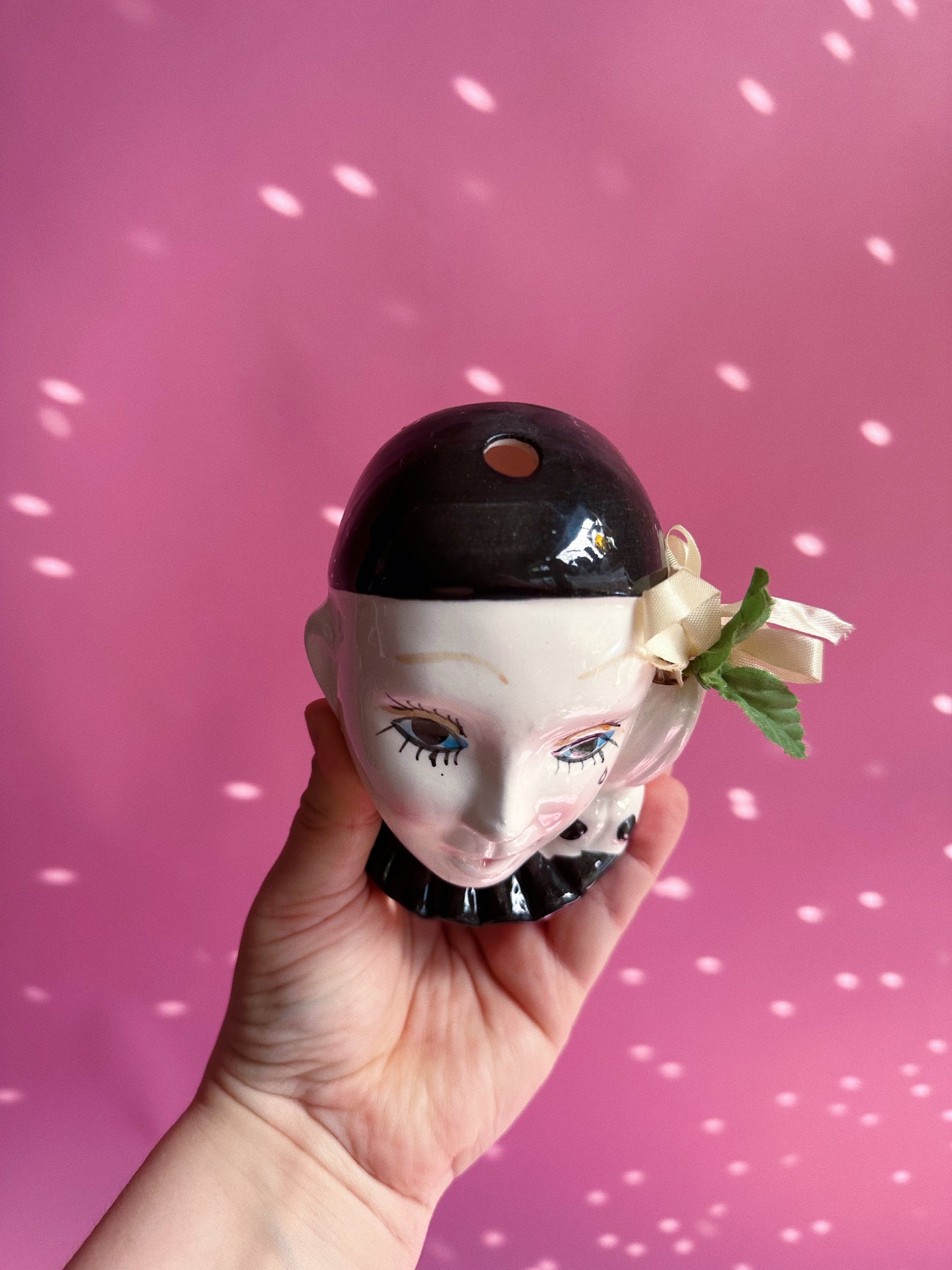 Vintage Ceramic Pierrot Clown Head Twine Dispenser with Pink Flower Accent
