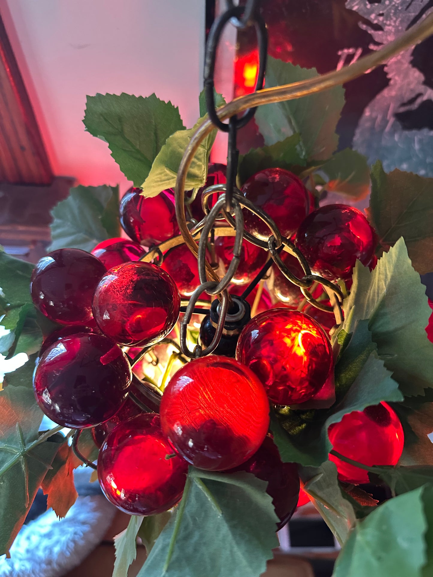 Vintage Large MCM 60s Hanging Swag Lamp of Lucite Grapes Red Cluster Vines Heavy