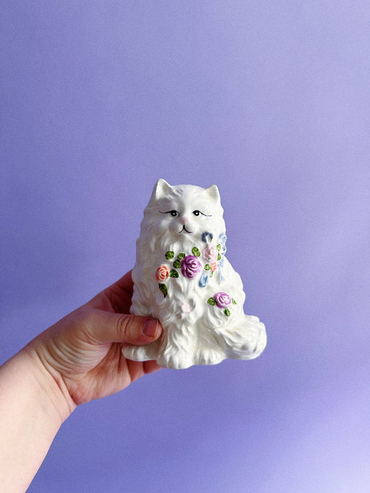 Vintage Ceramic Fluffy White Cat Planter