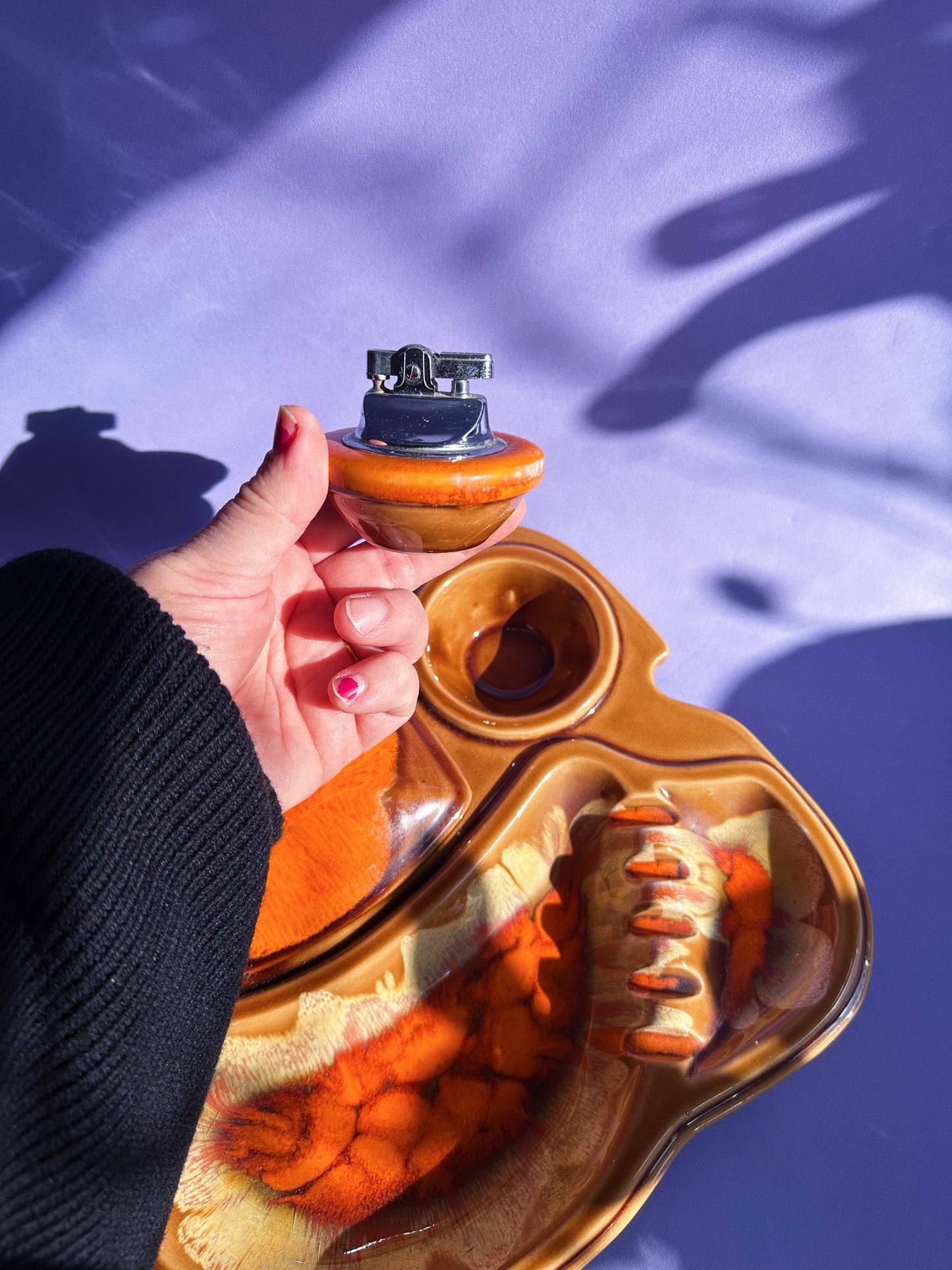 Vintage MCM Ceramic Drip Glazed Large Orange Ashtray Stashtray and Lighter