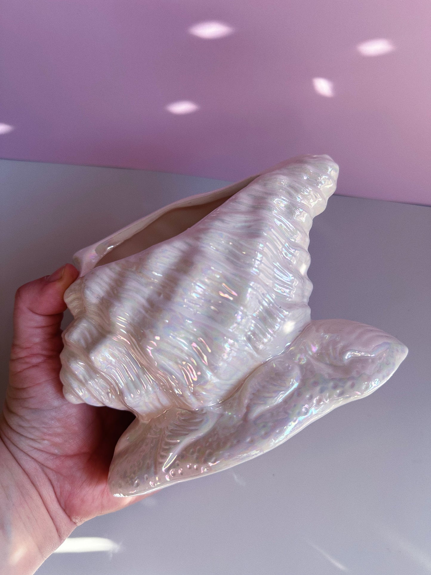 Vintage Iridescent White Ceramic Conch / Seashell Planter