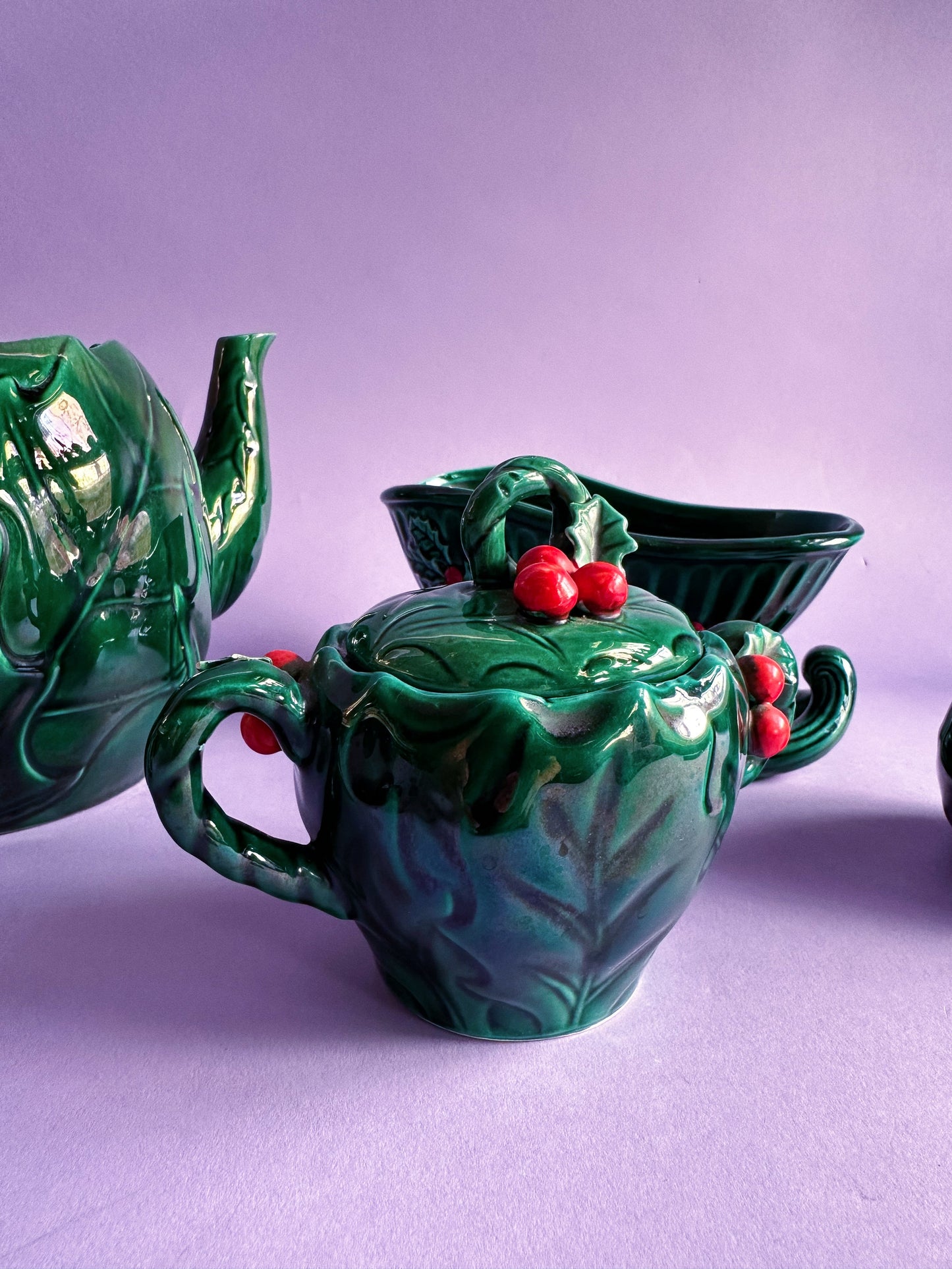 Vintage Lefton Ceramic Set Green Holly Red Berry Teapot, Sugar, Creamer & Sleigh