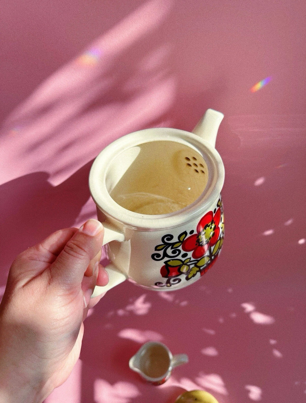 Sadler England Vintage 70s Ceramic Teapot & Creamer Orange Gold Green Floral MCM